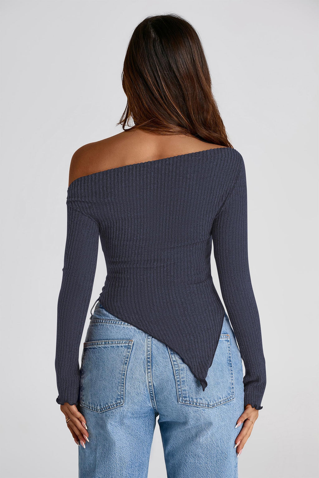 PRETTYGARDEN Women's Spring Long Sleeve Y2K Crop Top Trendy Off Shoulder Asymmetrical Fitted Knit Tee Shirts Going Out Tops