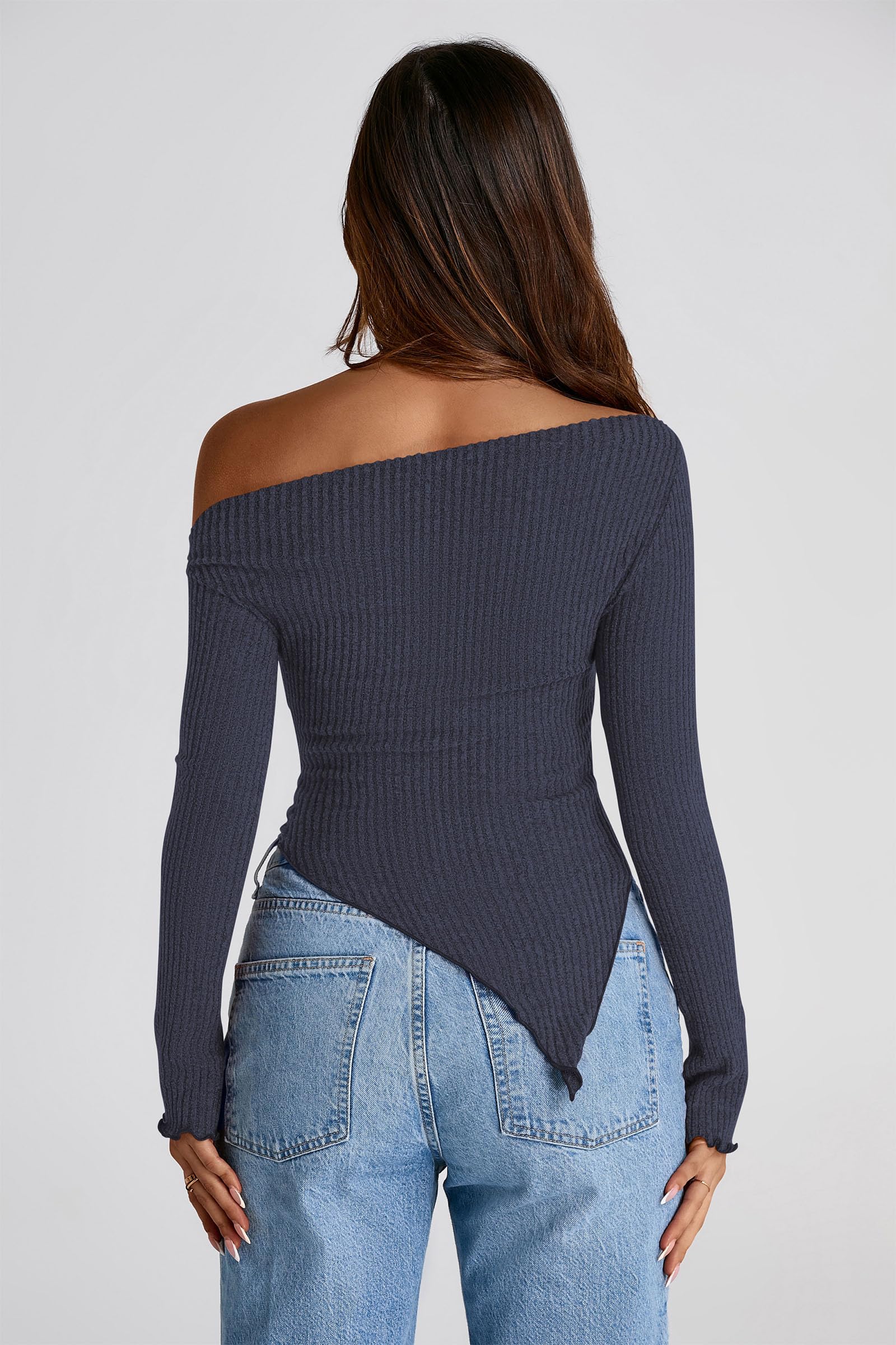 PRETTYGARDEN Women's Spring Long Sleeve Y2K Crop Top Trendy Off Shoulder Asymmetrical Fitted Knit Tee Shirts Going Out Tops