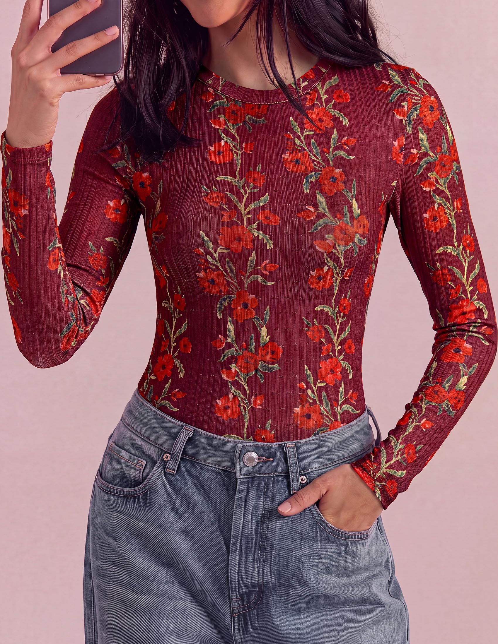PRETTYGARDEN Womens Long Sleeve Shirts Floral Y2K Tops Soft Lightweight Ribbed Knit Top,Fitted Waist,Crew Neck Slim Fit,Going Out Vacation Outfits,Layering Fall Winter Clothes