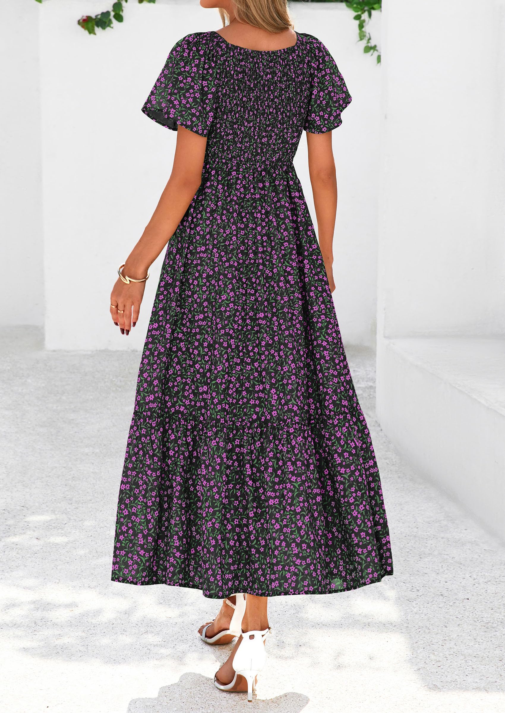 PRETTYGARDEN Boho Dresses for Women Summer Floral Short Sleeve V Neck Smocked Flowy Beach Vacation Maxi Dress