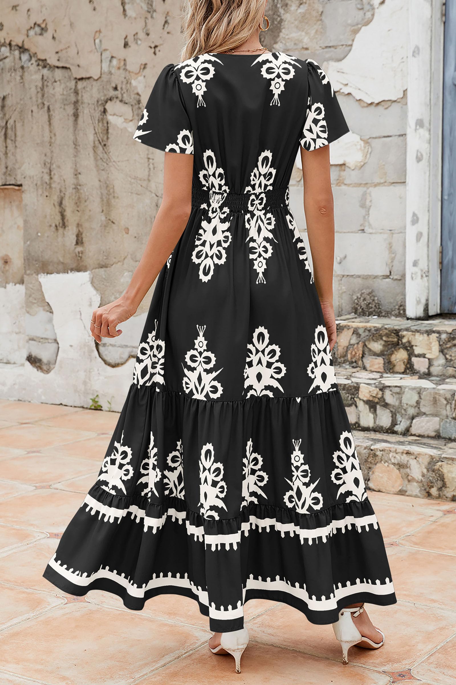 PRETTYGARDEN Womens Summer Casual V Neck Boho Maxi Dress Flowy Aline Bell Sleeve Tiered Floral Dresses with Pocket