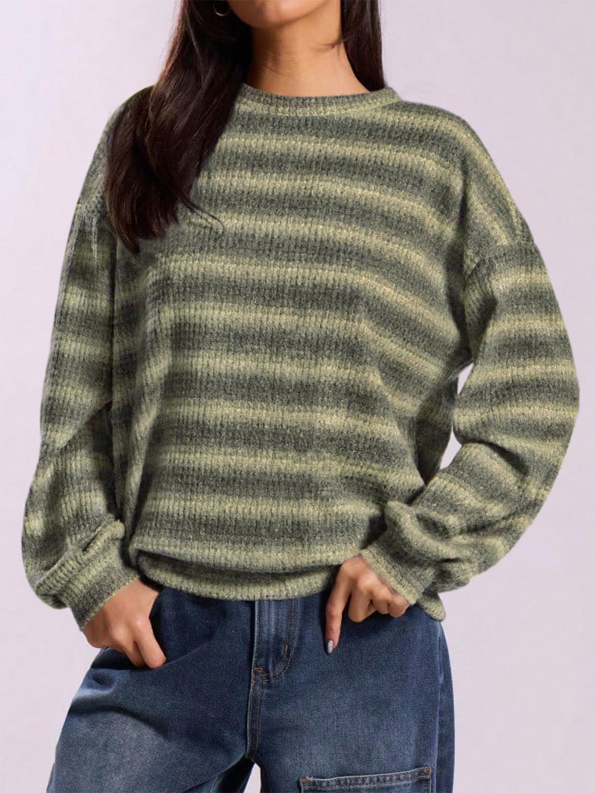 FreshPretty Striped Waffle Knit Tops for Women Lightweight Pullover Sweaters,Womens Fall Outfits,Basic Casual Crew Neck Long Sleeve Top,Trendy Loose Blouses Daily Wear,Winter Layering Clothes