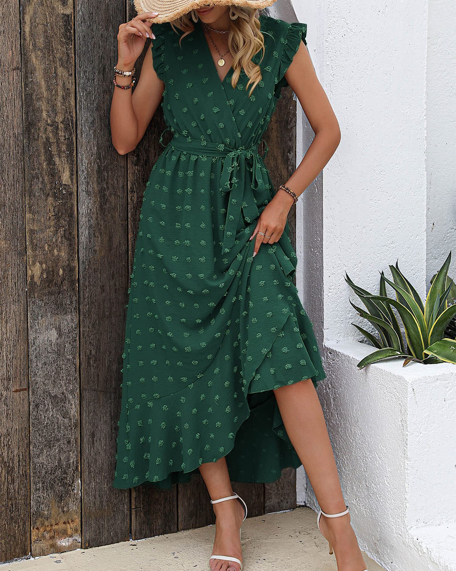 BTFBM Boho Dresses for Women Spring Fashion Cap Sleeve Swiss Dot Flowy Ruffle Beach Wedding Cocktail Maxi Dress