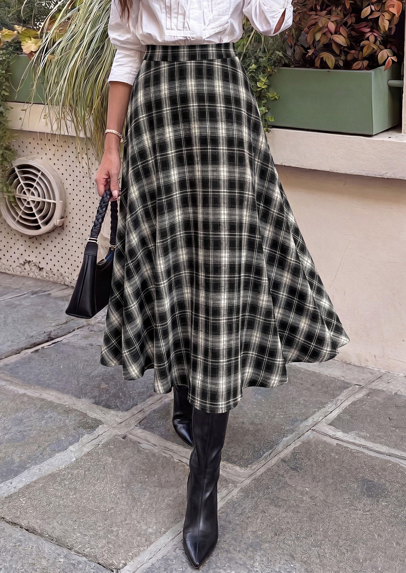 PRETTYGARDEN Women's Plaid High Waisted A-Line Midi Skirts