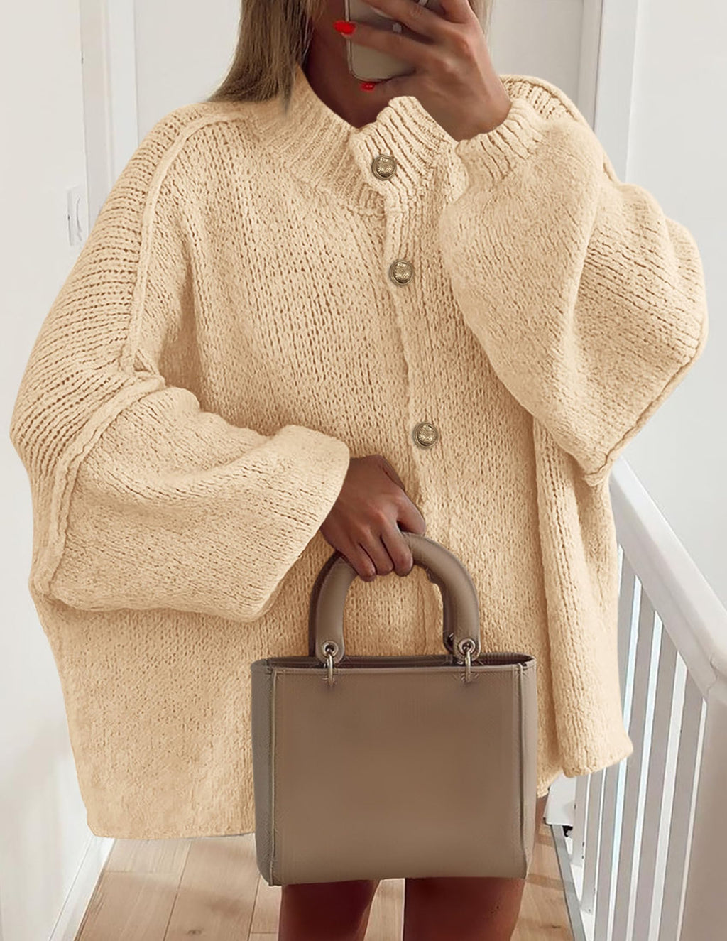 PRETTYGARDEN Women's Winter Button Down Cardigan Sweaters Mock Neck Lantern Long Sleeve Chunky Knit Jacket Trendy Outerwear