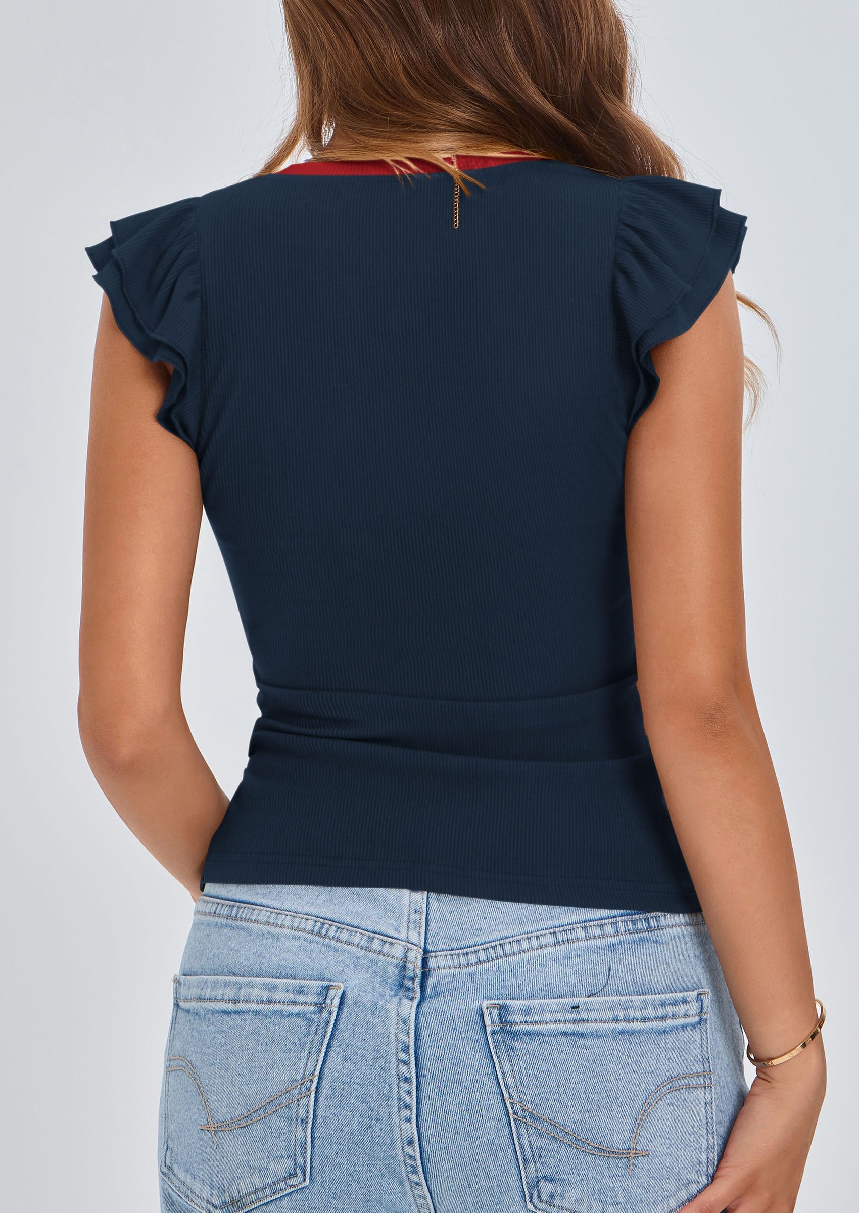 PRETTYGARDEN Womens V Neck Summer Tops Ruffle Sleeveless Slim Fit T Shirts Going Out Casual Blouses