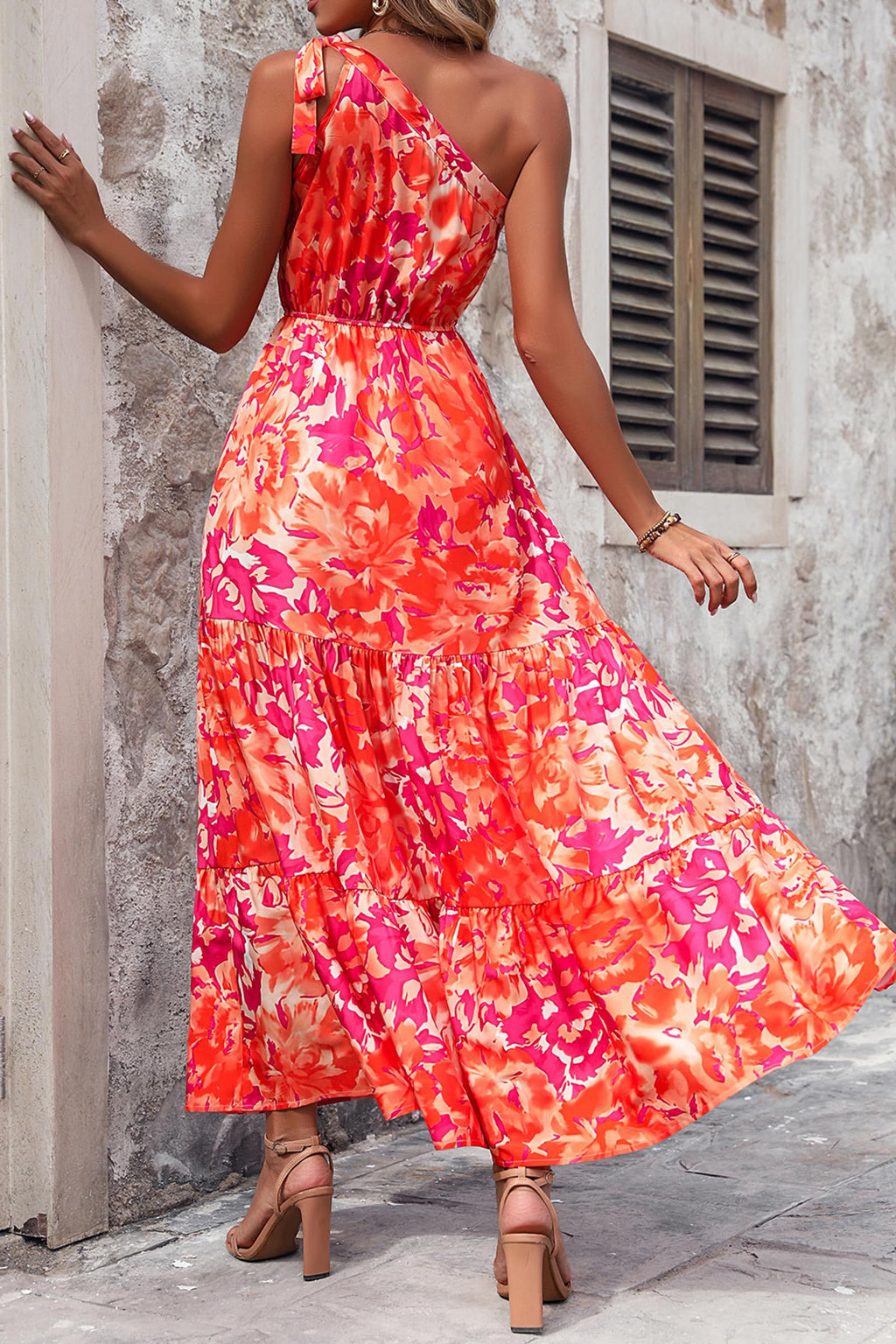PRETTYGARDEN Women's Summer Floral One Shoulder Maxi Dress Knot Ruffle Boho Beach Vacation Wedding Guest Long Sun Dresses