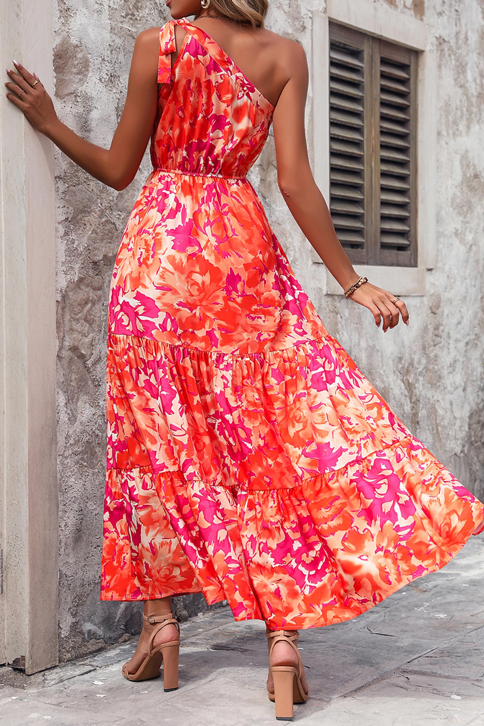 PRETTYGARDEN Women's Summer Floral One Shoulder Maxi Dress Knot Ruffle Boho Beach Vacation Wedding Guest Long Sun Dresses