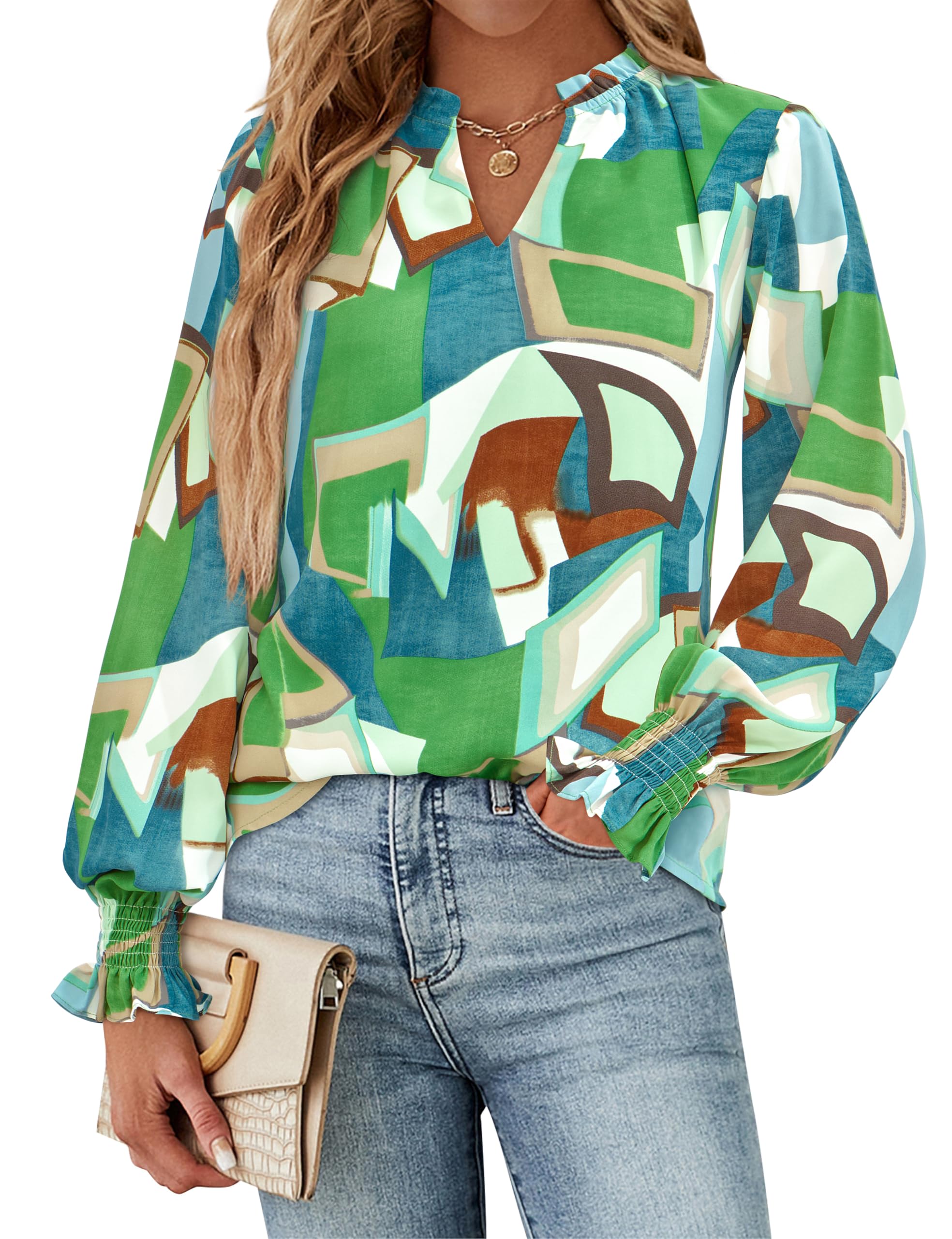 FreshPretty Womens V Neck Floral Long Sleeve Tops Summer Casual Loose Puff Sleeve Chiffon Boho Work Blouse Dressy T Shirts