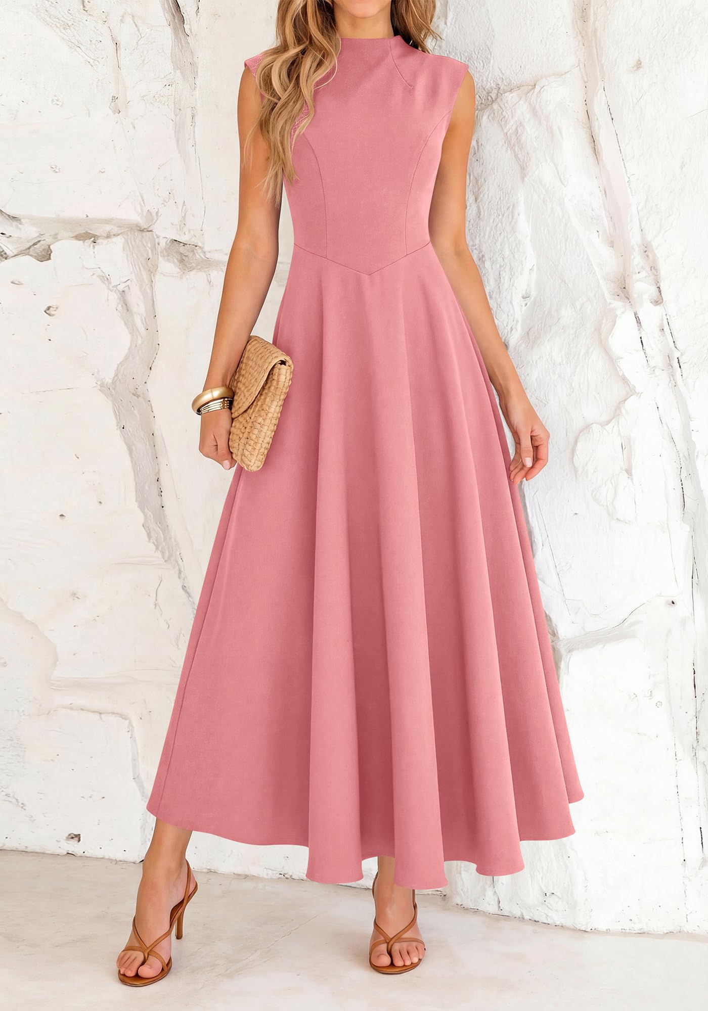 BTFBM Summer Dresses for Women Mock Neck Sleeveless High Waist Flowy Aline Maxi Spring Wedding Guest Dress Cocktail