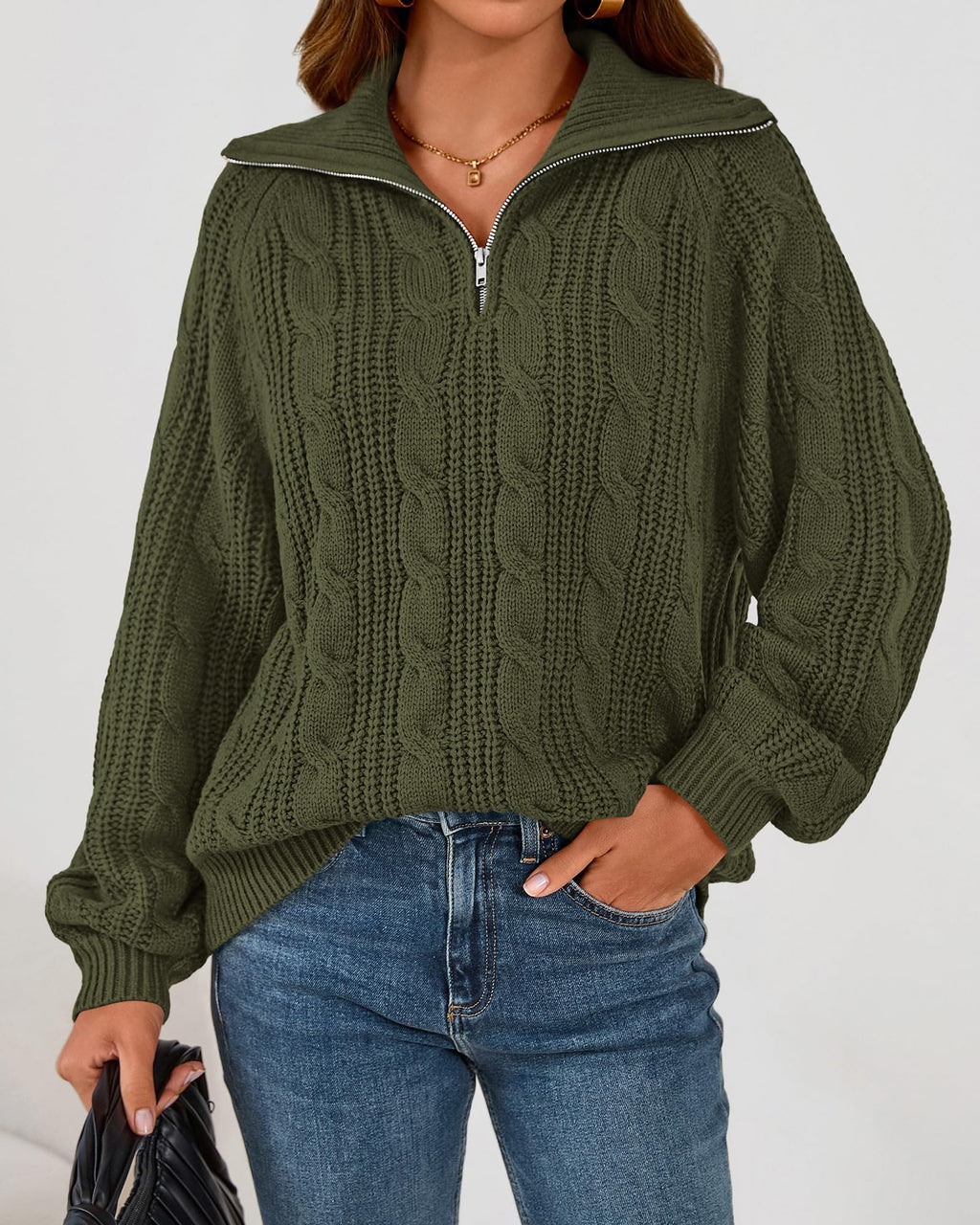 BTFBM Sweaters for Women Fall Fashion Loose Quarter Zip Pullover Collared Long Sleeve Cable Knit Winter Clothes