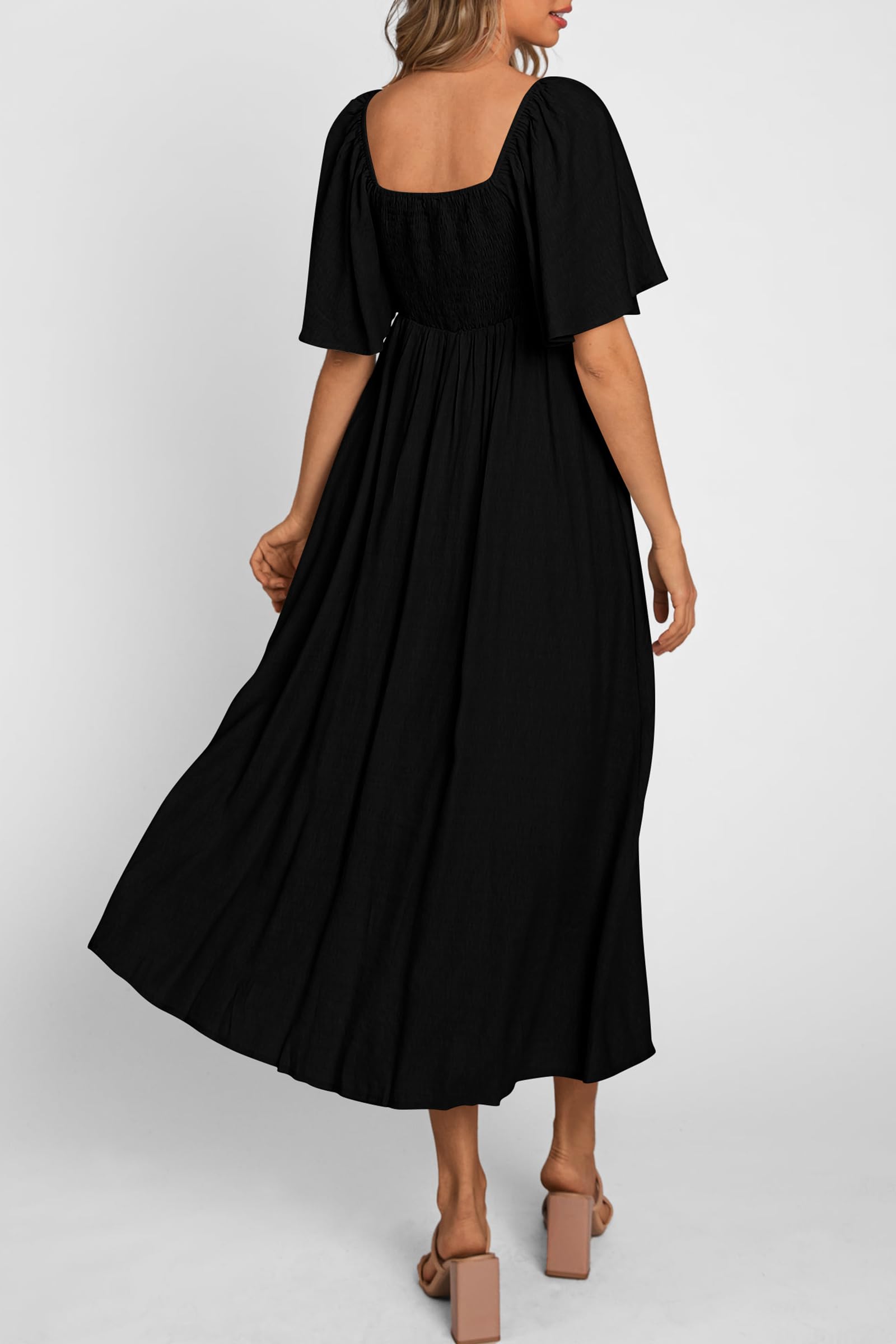 PRETTYGARDEN Summer Dress for Women Casual Short Sleeve Bow Tie V Neck Ruffle Midi Flowy Dresses