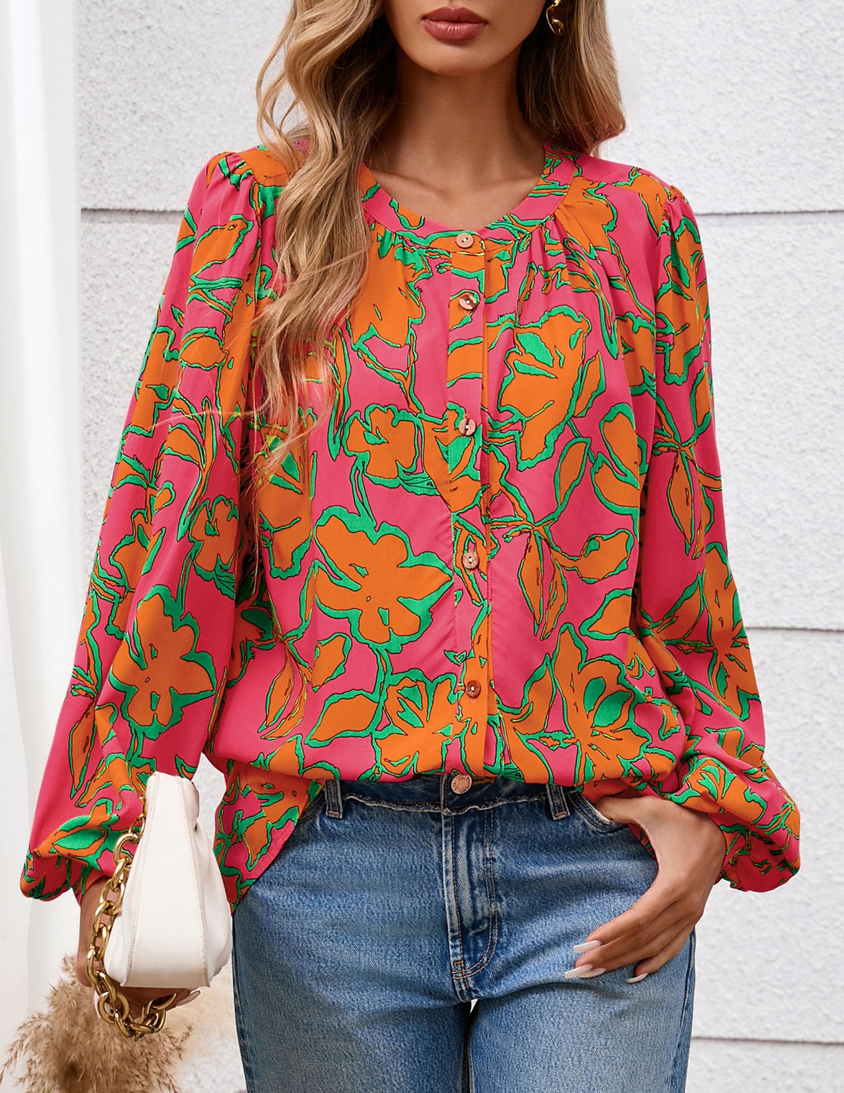 PRETTYGARDEN Women's Floral Button Down Blouse Fall Fashion Dressy Casual Long Sleeve Oversized Shirts Top Boho Clothes