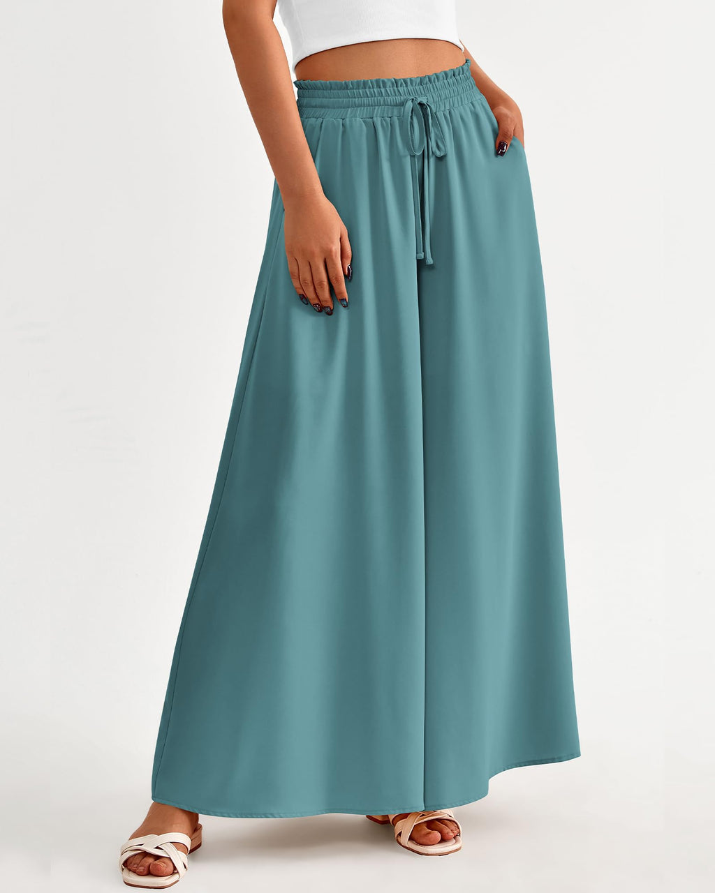 BTFBM Women Casual High Waist Wide Leg Pants Spring Summer Long Palazzo Pants Pocket Lounge Beach Vacation Clothes