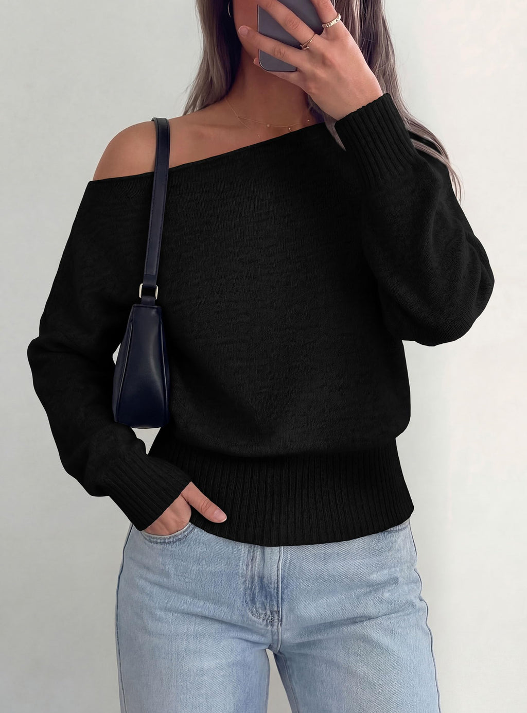 PRETTYGARDEN Womens Off The Shoulder Sweater Fall Fashion Soft Stretchy Knit Fabric, Batwing Long Sleeve Cinched Waist Cropped Sweaters, Date Night Outfit, Asymmetrical Going Out Tops