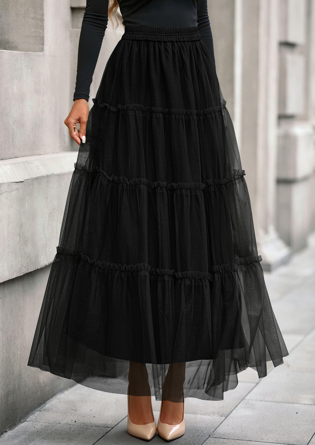 PRETTYGARDEN Tulle Skirts for Women Fall Fashion Elastic High Waisted Fairy Tiered Flowy A-Line Casual Maxi Long Skirt