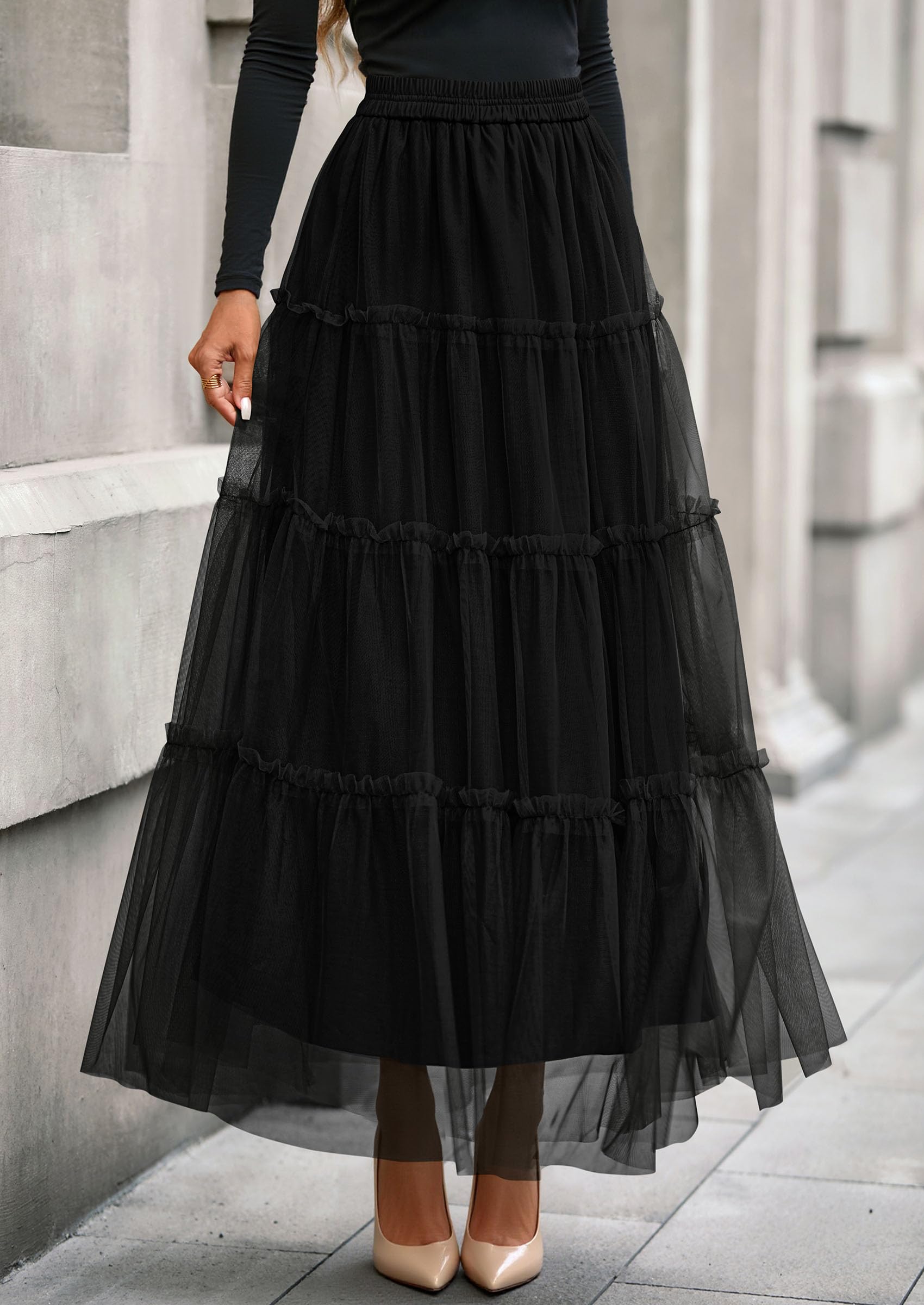 PRETTYGARDEN Tulle Skirts for Women Fall Fashion Elastic High Waisted Fairy Tiered Flowy A-Line Casual Maxi Long Skirt