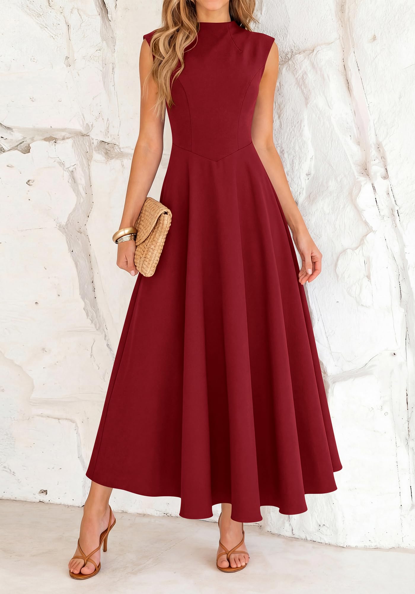 BTFBM Summer Dresses for Women Mock Neck Sleeveless High Waist Flowy Aline Maxi Spring Wedding Guest Dress Cocktail