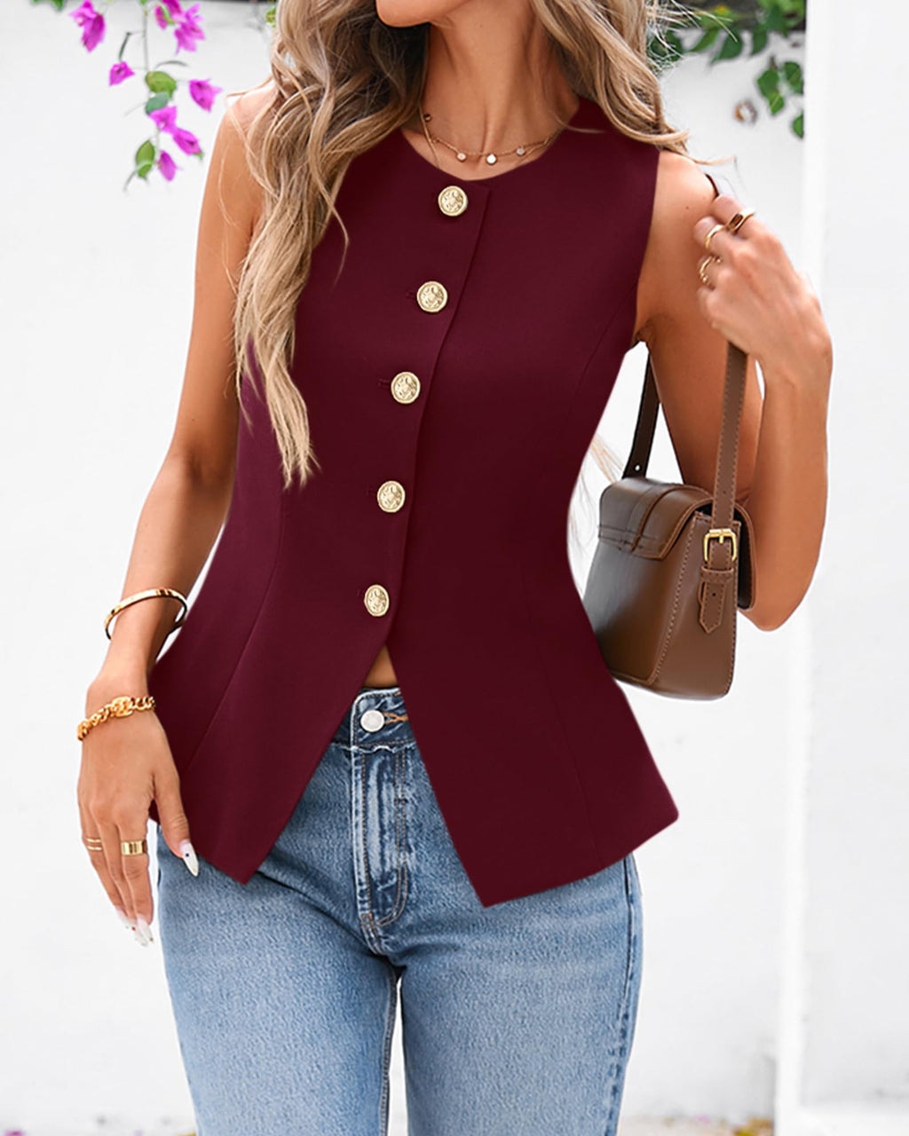 BTFBM Summer Sleeveless Blazer Vest For Women Dressy Button Down Round Neck Business Casual Outfits Work Suit Vests Tops