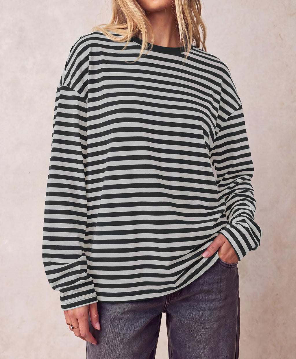 BTFBM Womens Long Sleeve Tops Fall Fashion | Lightweight, Crew Neck, Oversized Striped Shirt Women, Y2k Clothes, Vacation Travel Outfits, Going Out Top, Winter Layering