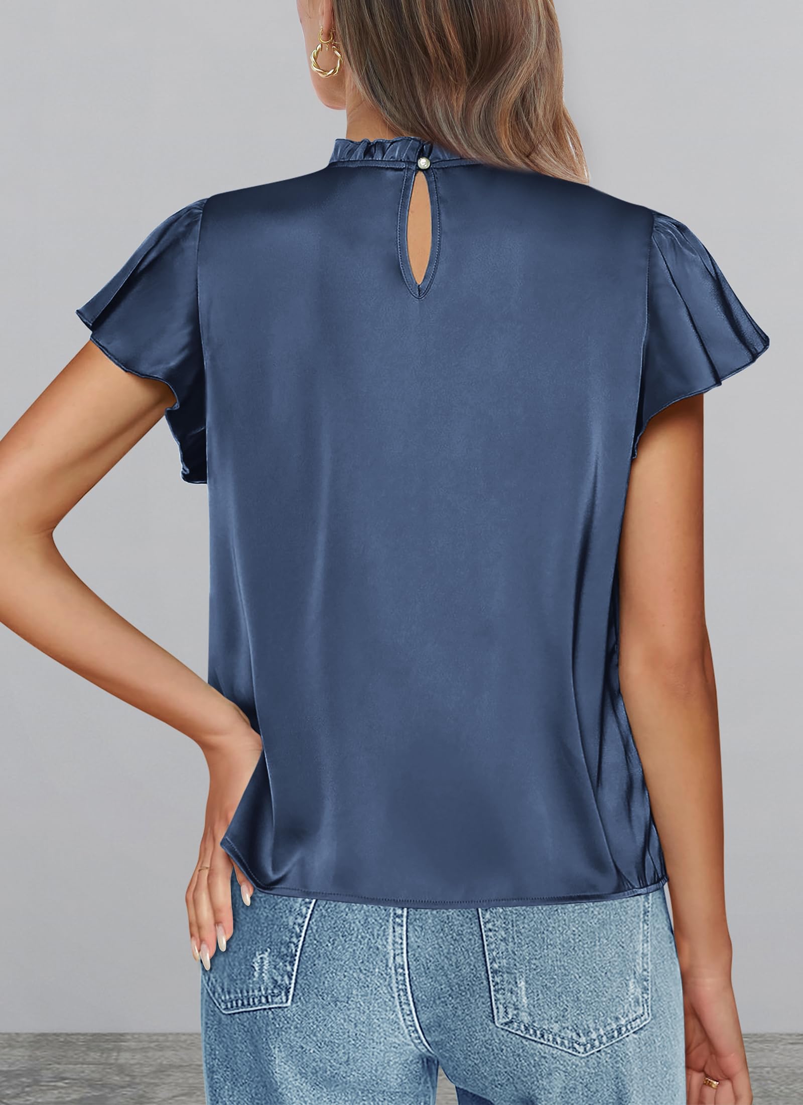 PRETTYGARDEN Business Casual Tops for Women Blouses Dressy  Summer Short Sleeve Ruffle Satin Work Office Attire