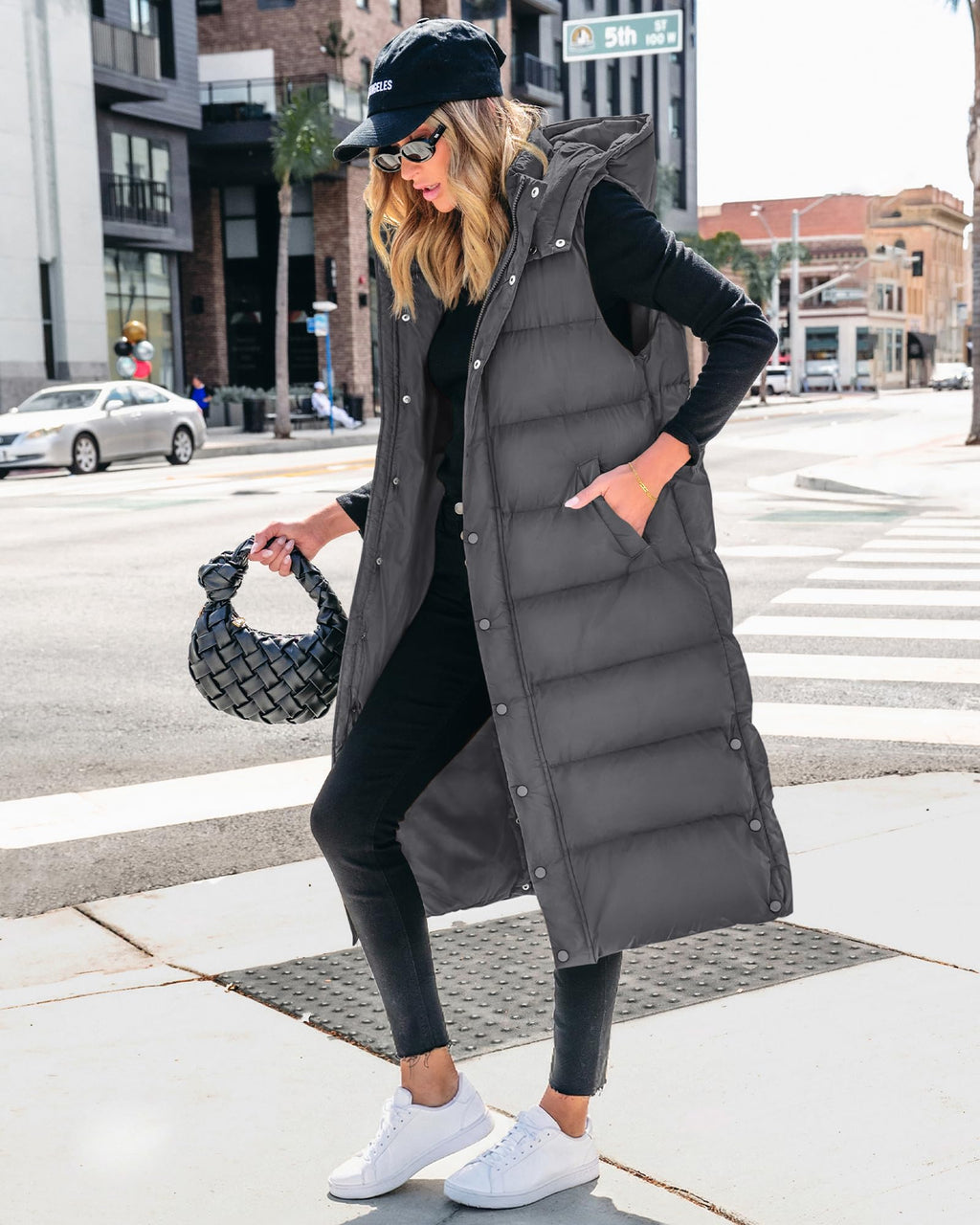 BTFBM Long Puffer Vest Women Quilted Hooded Button Down Zip Up Sleeveless Vests Outerwear Padded Jacket Fall Winter Coat