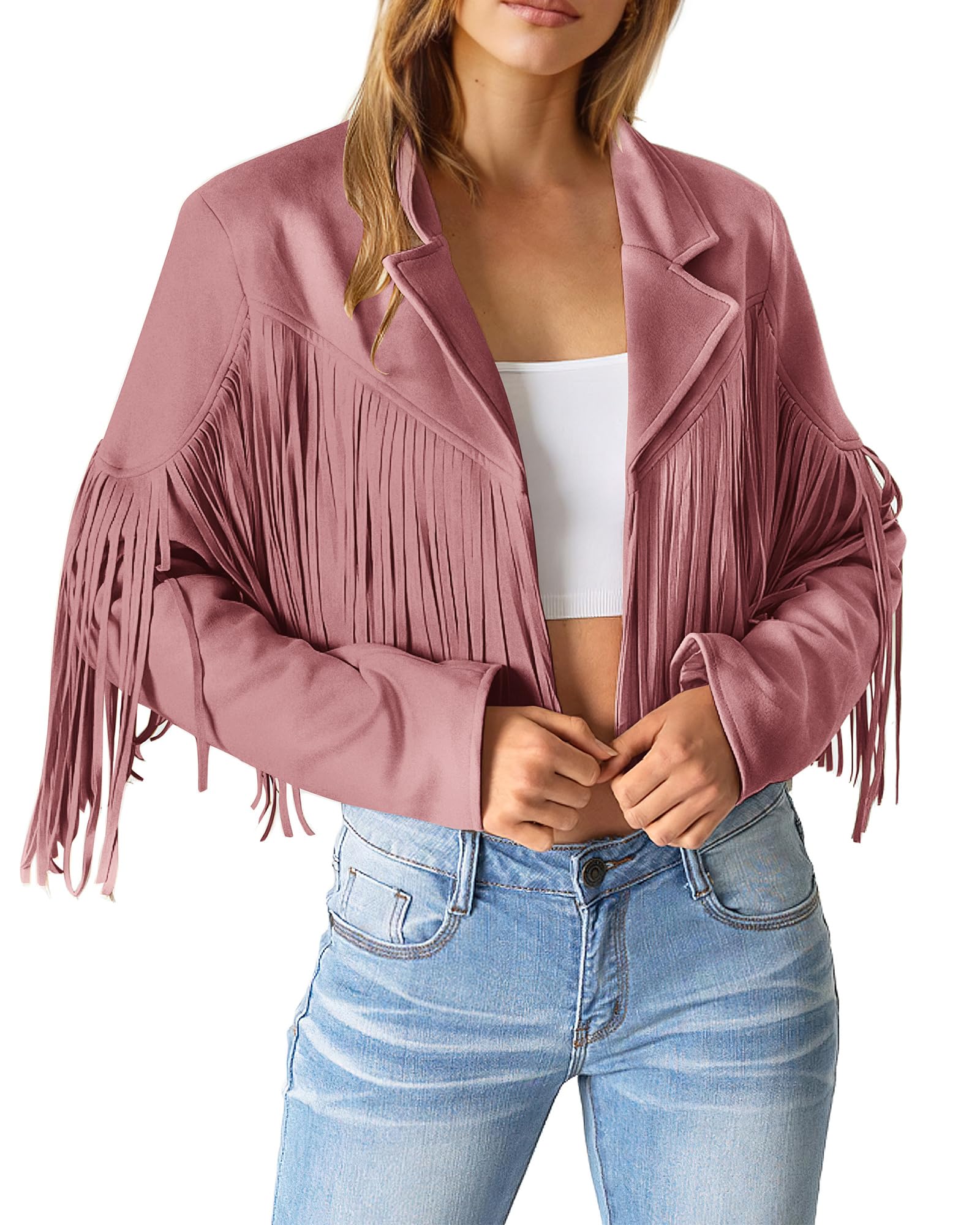 PRETTYGARDEN Women's Fringe Faux Suede Leather Jackets Fall Fashion Tassel Motorcycle Cropped Coats