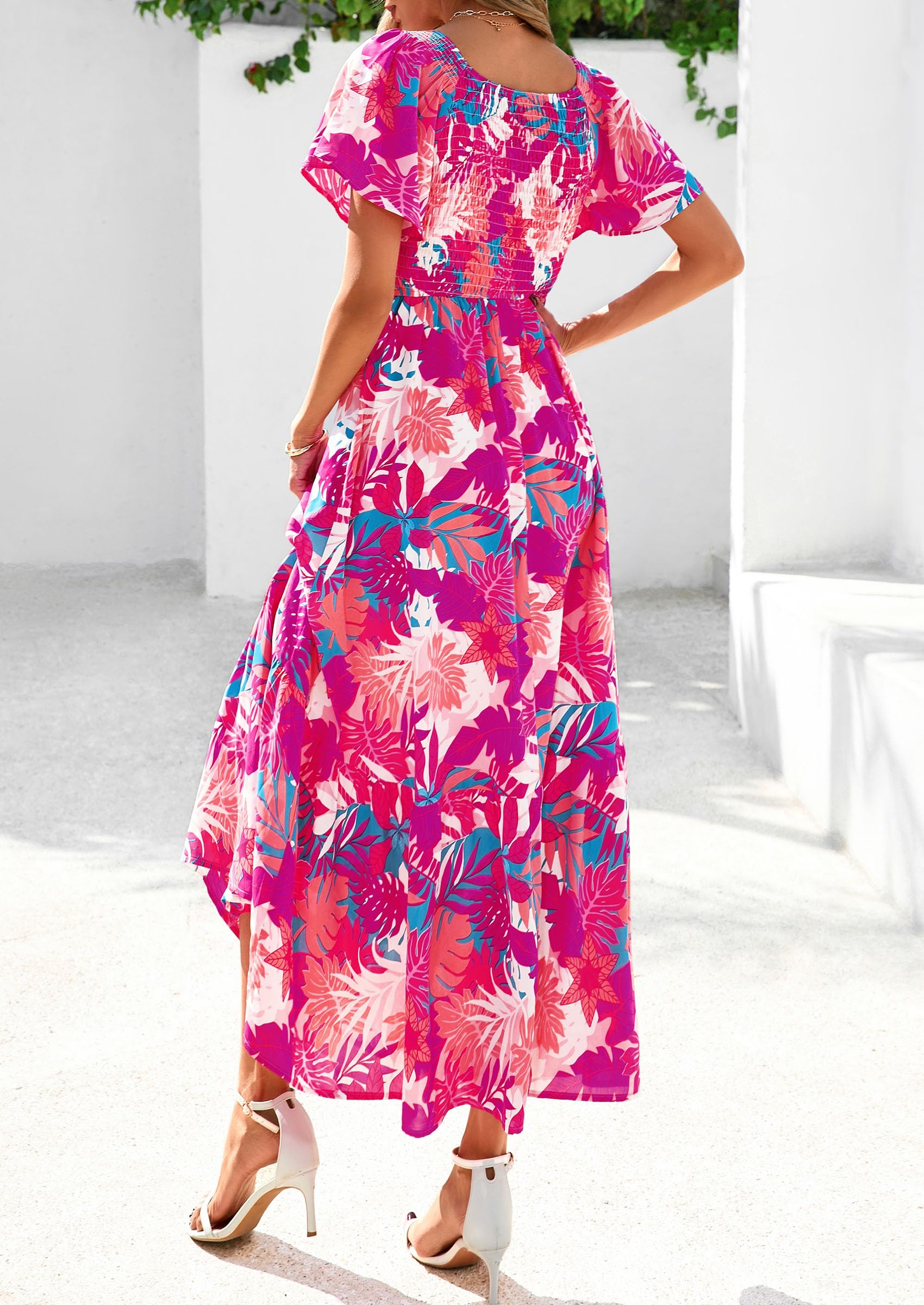 PRETTYGARDEN Boho Dresses for Women Summer Floral Short Sleeve V Neck Smocked Flowy Beach Vacation Maxi Dress