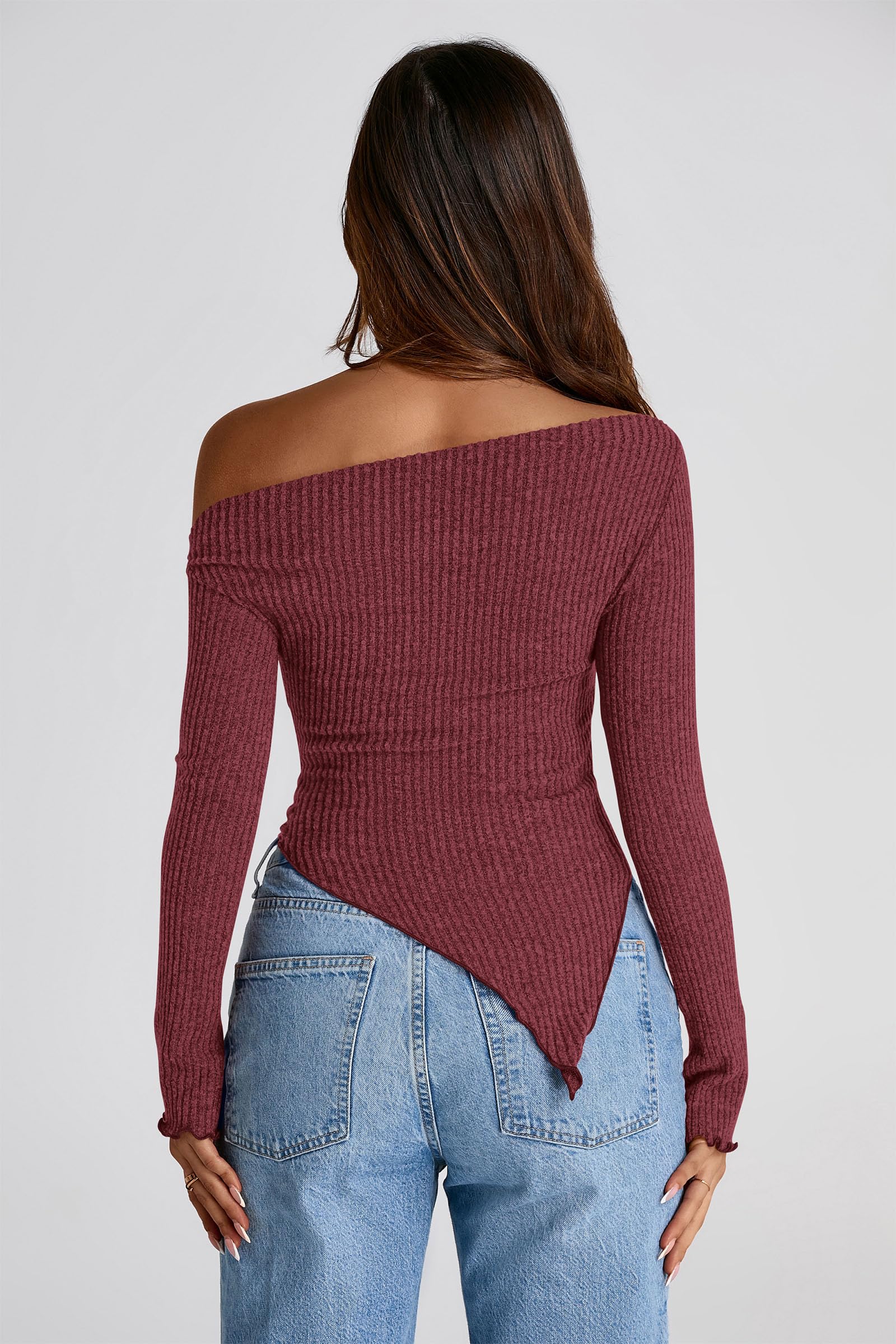 PRETTYGARDEN Women's Spring Long Sleeve Y2K Crop Top Trendy Off Shoulder Asymmetrical Fitted Knit Tee Shirts Going Out Tops