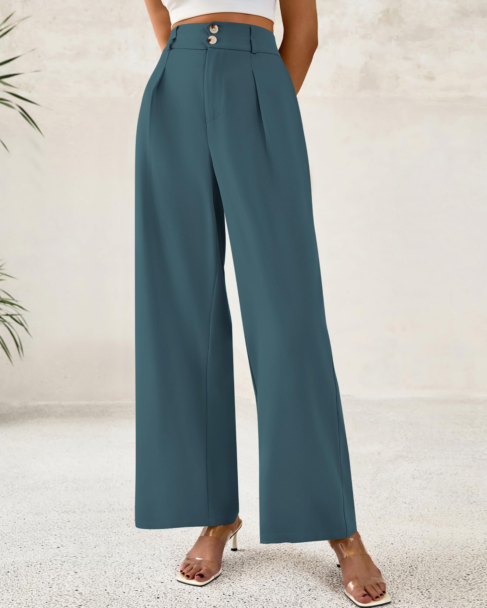 BTFBM Women Wide Leg Dress Pants High Waisted Button Pleated Business Casual Trousers Office Work Palazzo Pants