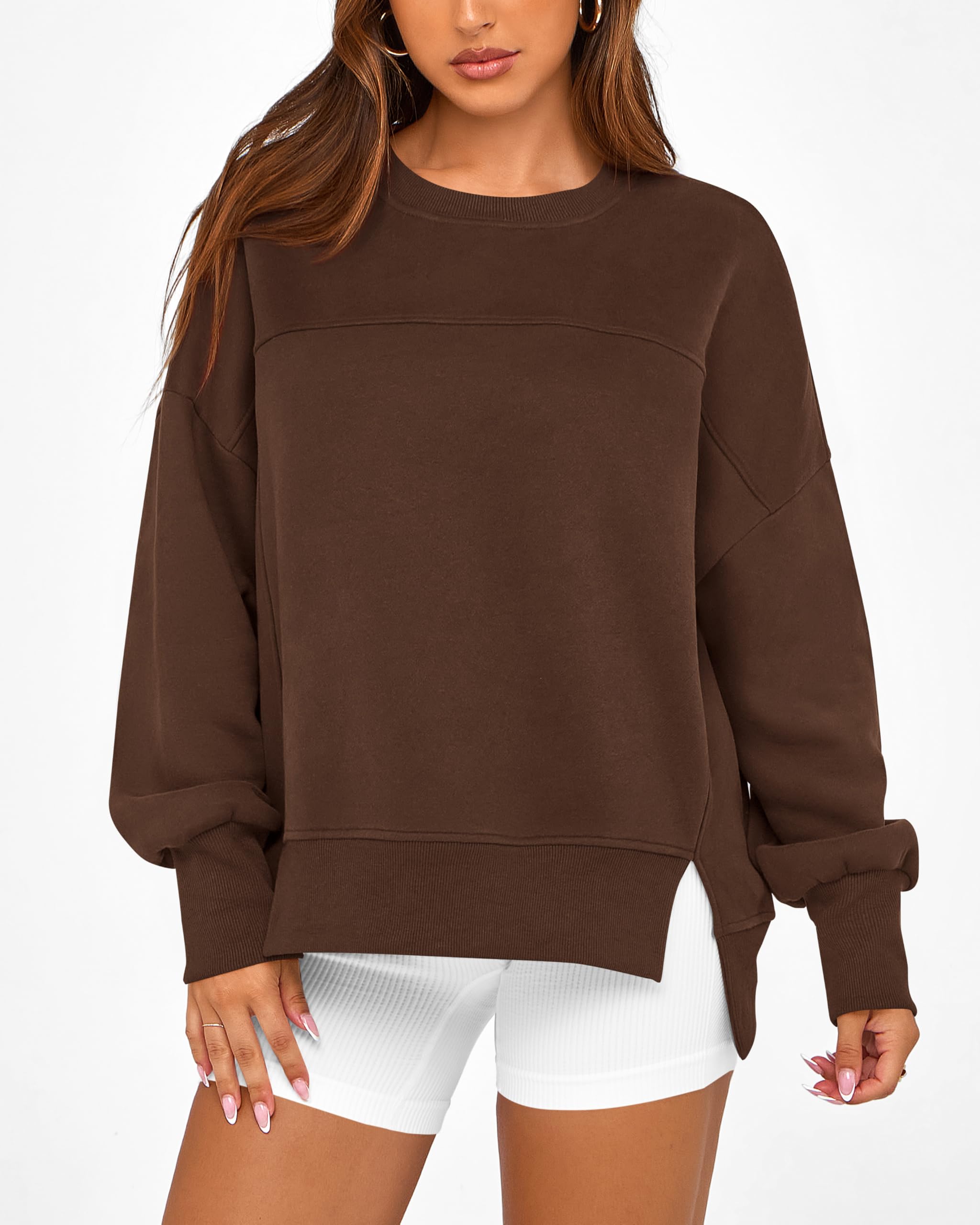 BTFBM Women's Casual Crewneck Sweatshirts Spring Long Sleeve Side Slit Workout Fleece Pullover Top Fashion Clothing