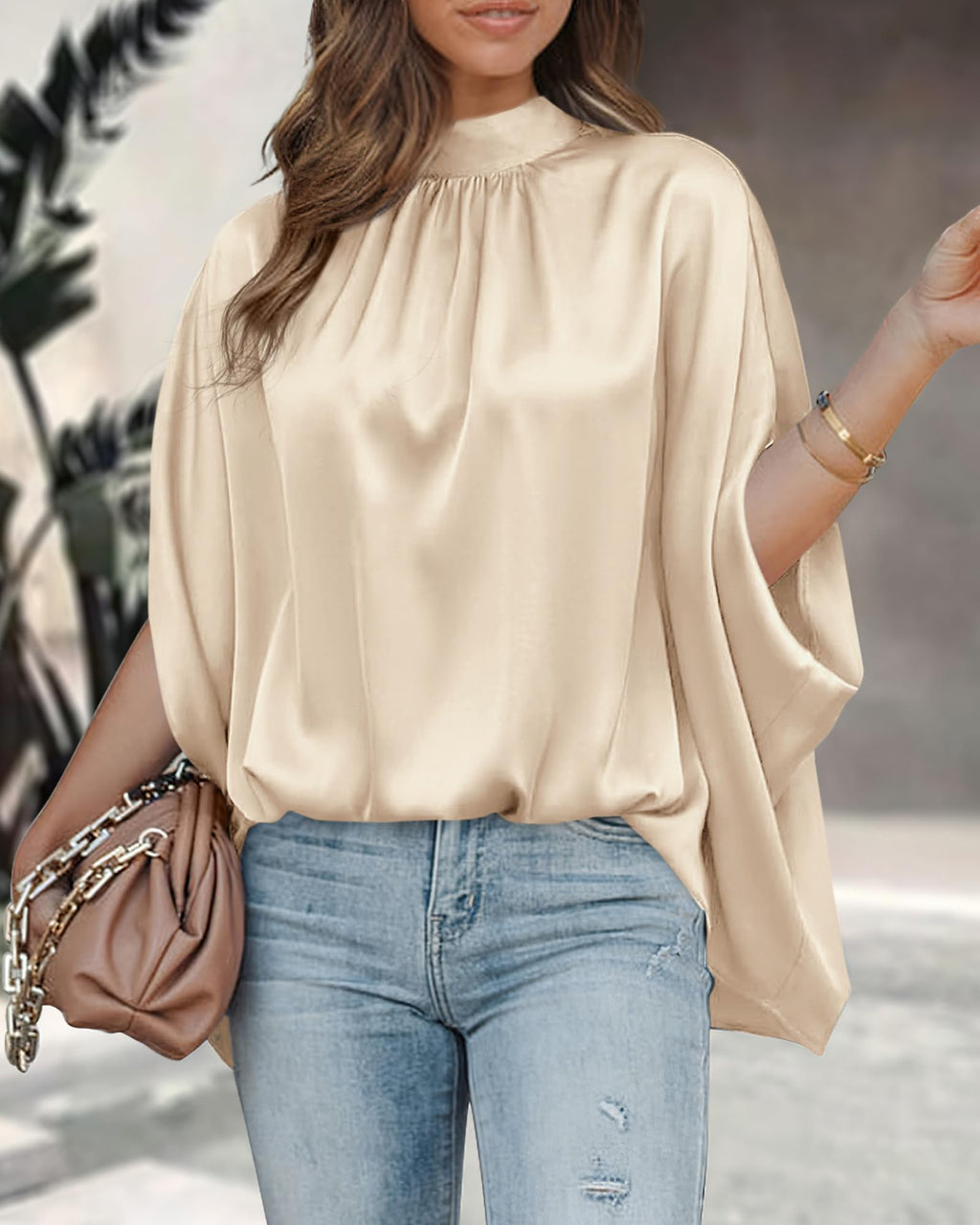 BTFBM Womens Summer Tops Mock Neck Batwing Sleeve Silk Satin Shirts Loose Oversized Dressy Casual Spring Blouses