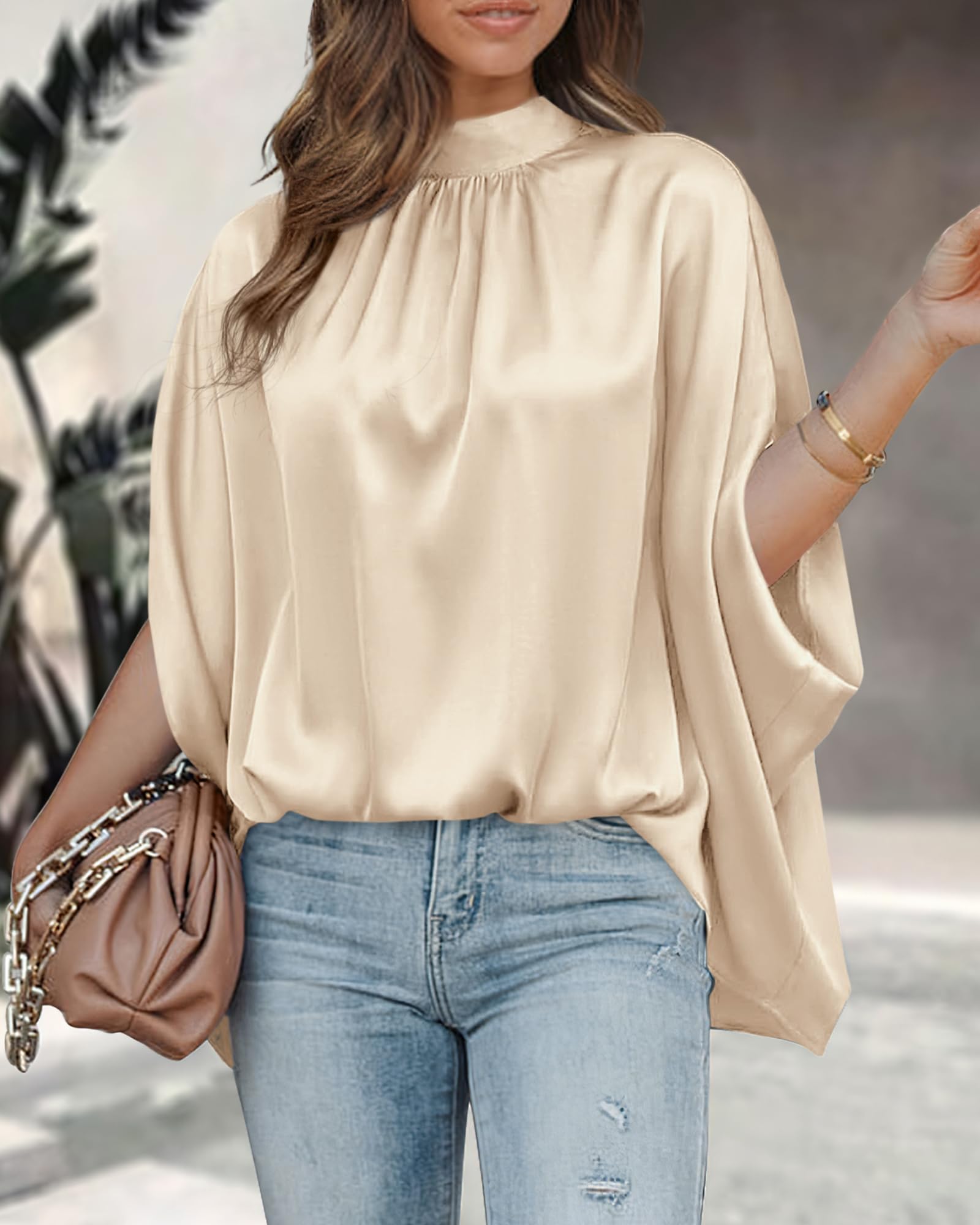 BTFBM Womens Summer Tops Mock Neck Batwing Sleeve Silk Satin Shirts Loose Oversized Dressy Casual Spring Blouses
