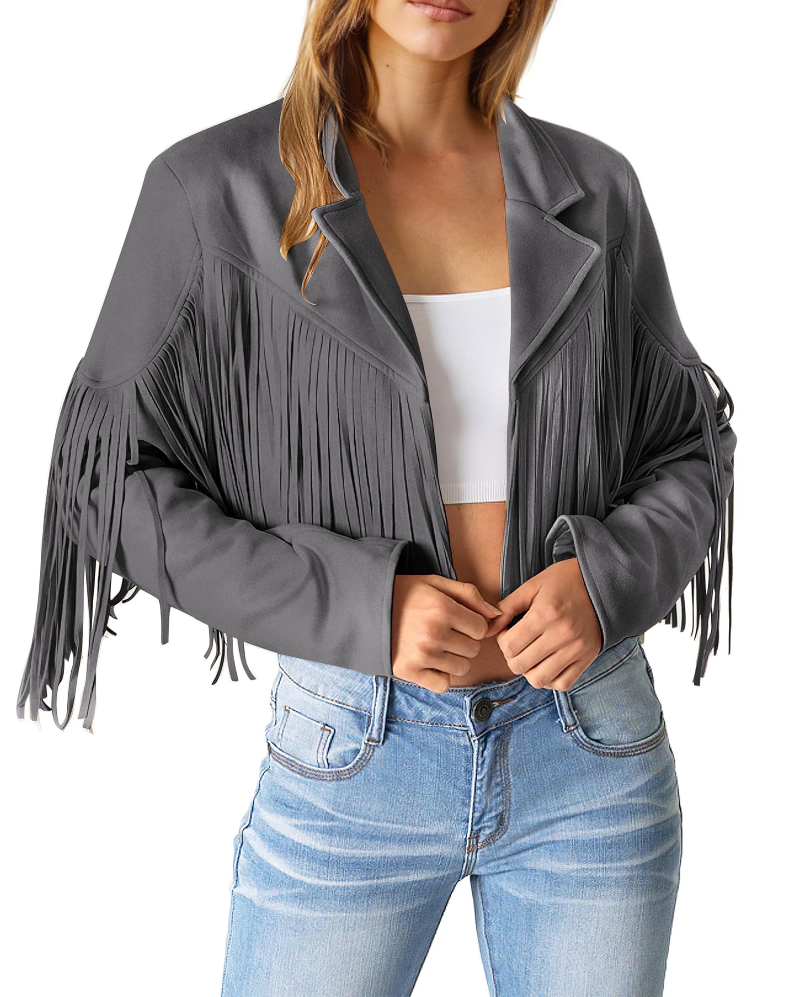 PRETTYGARDEN Women's Fringe Faux Suede Leather Jackets Fall Fashion Tassel Motorcycle Cropped Coats