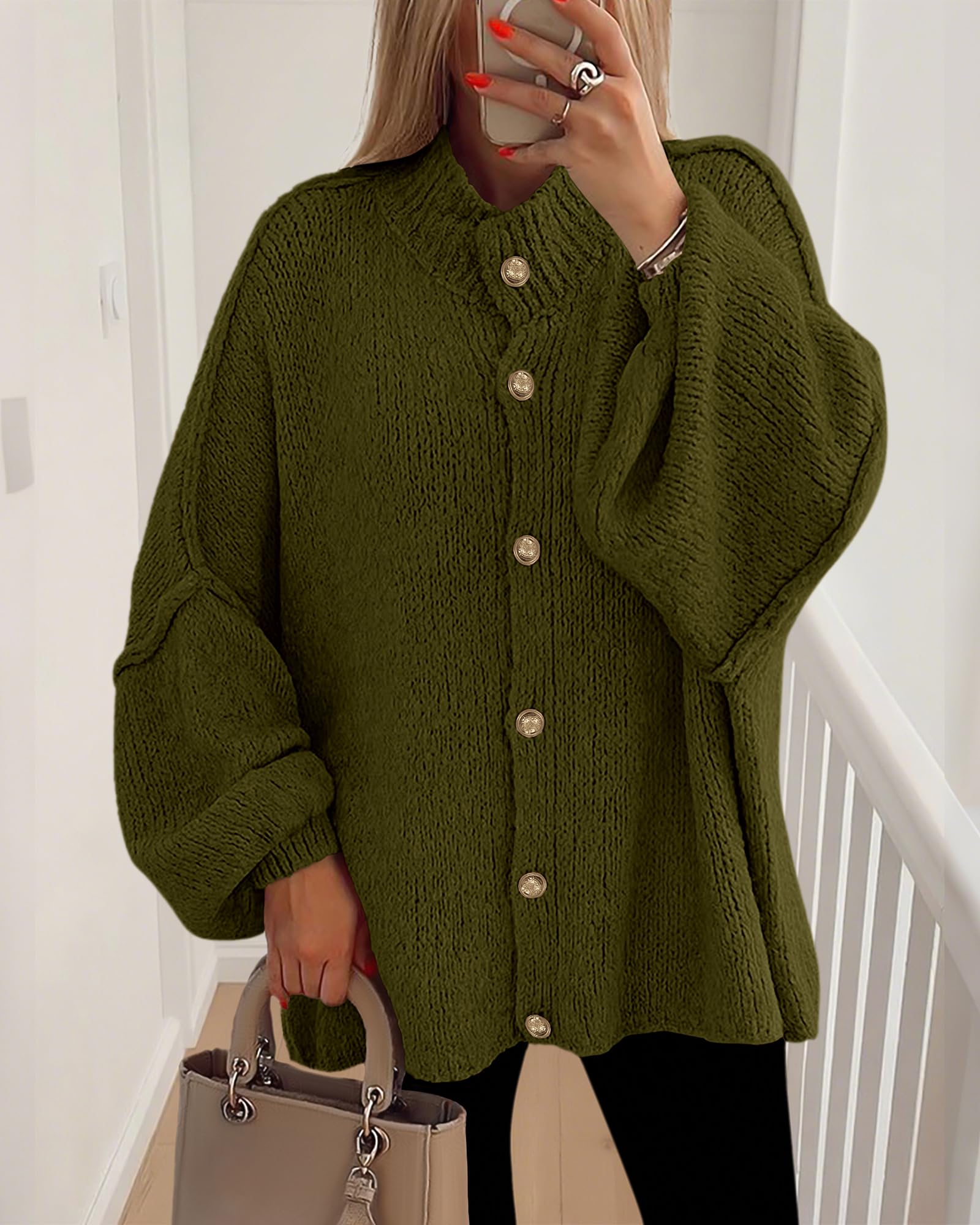 BTFBM Cardigan Sweaters for Women Fall Clothes Lantern Long Sleeve Button Open Front Chunky Knit Oversized Sweater