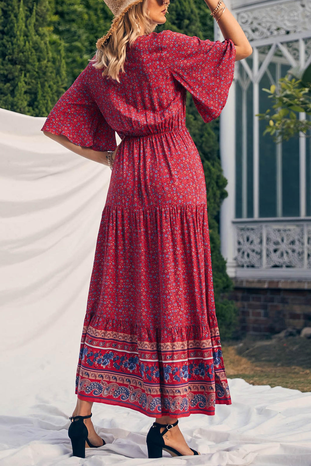 PRETTYGARDEN Women's Casual Summer Boho Floral Print Dress V Neck Short Sleeve High Waist Long Maxi Beach Dresses