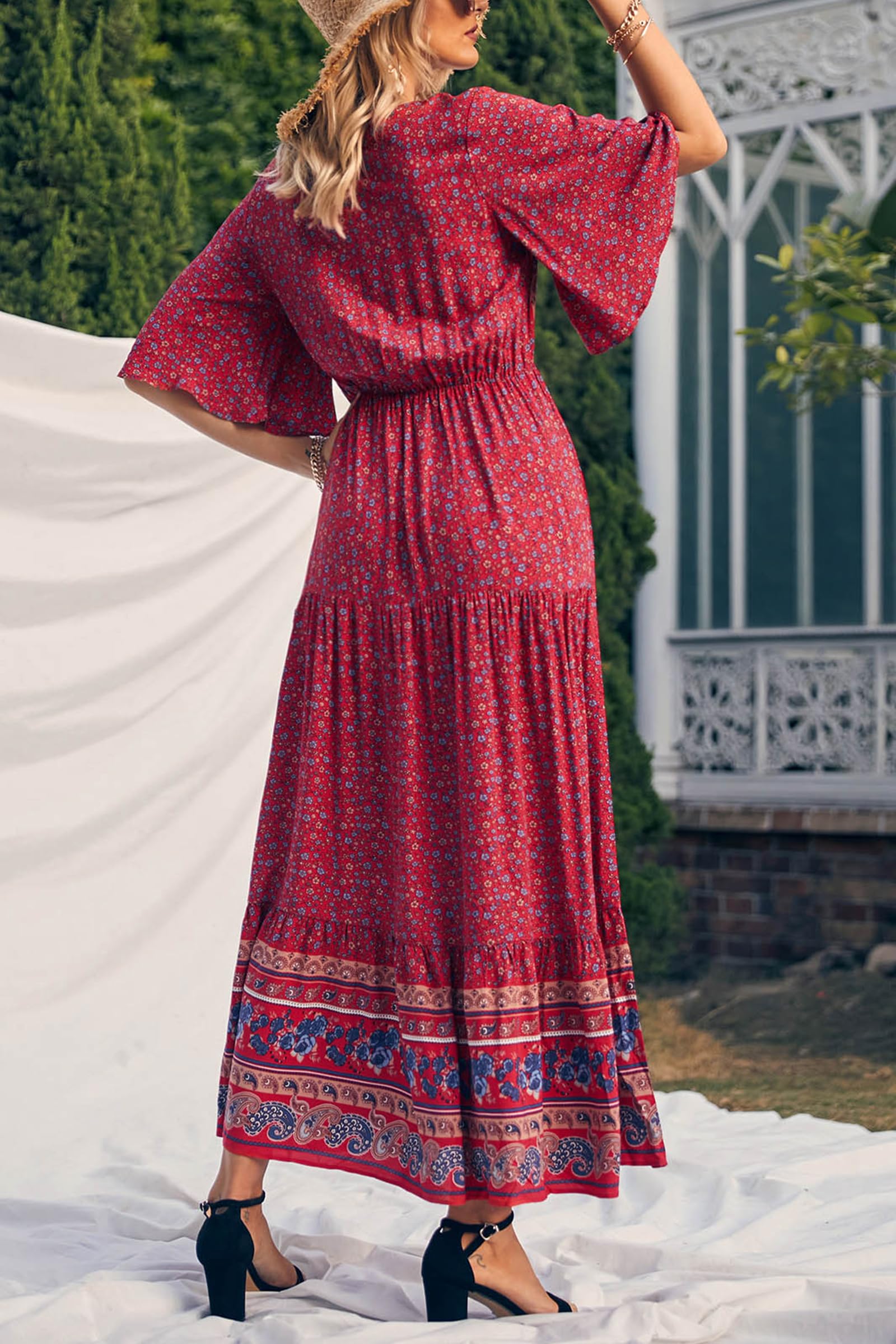 PRETTYGARDEN Women's Casual Summer Boho Floral Print Dress V Neck Short Sleeve High Waist Long Maxi Beach Dresses