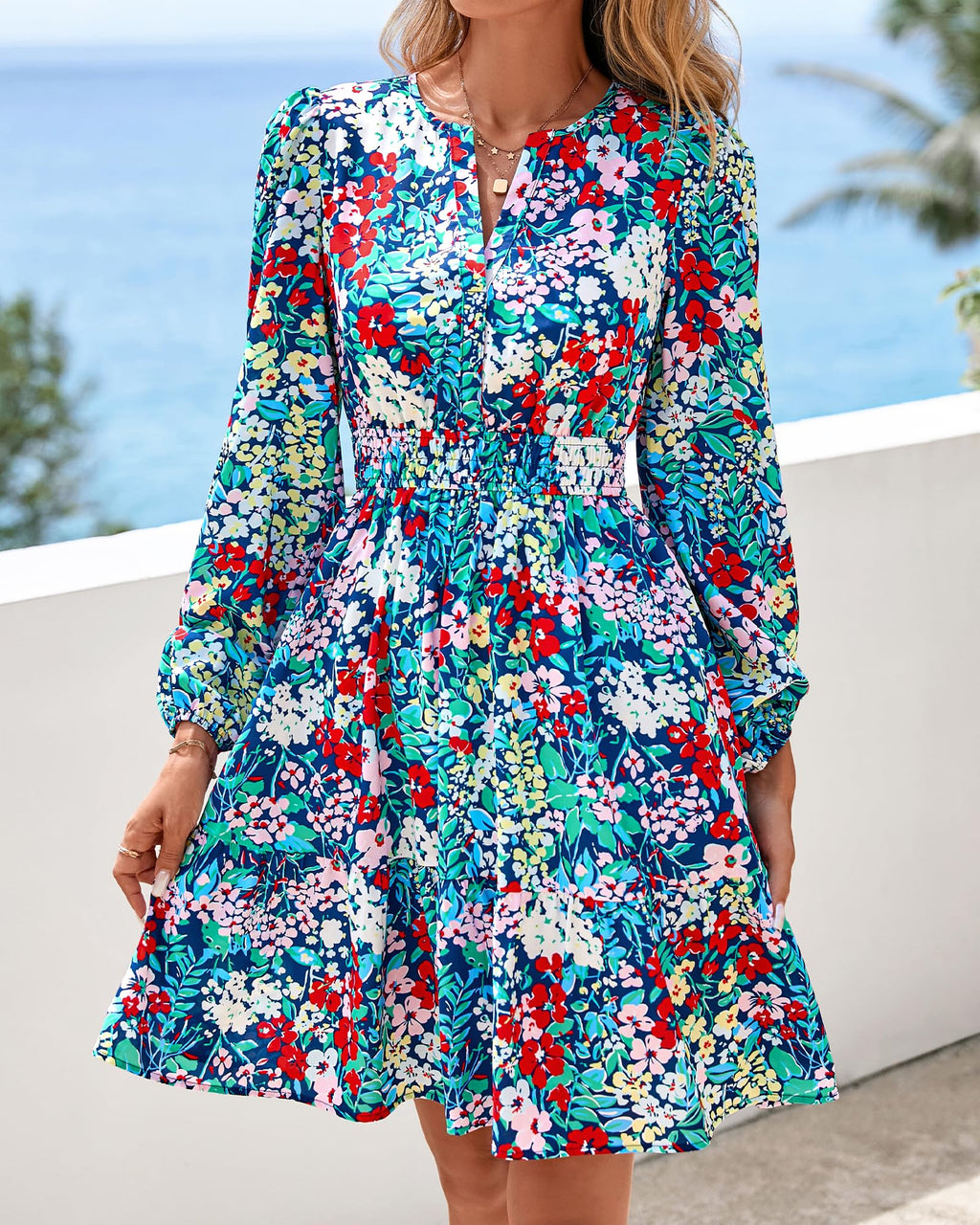 BTFBM Spring Dresses for Women Mini Long Sleeve Elastic Waist Summer Vacation Outfits Floral Wedding Guest Dress