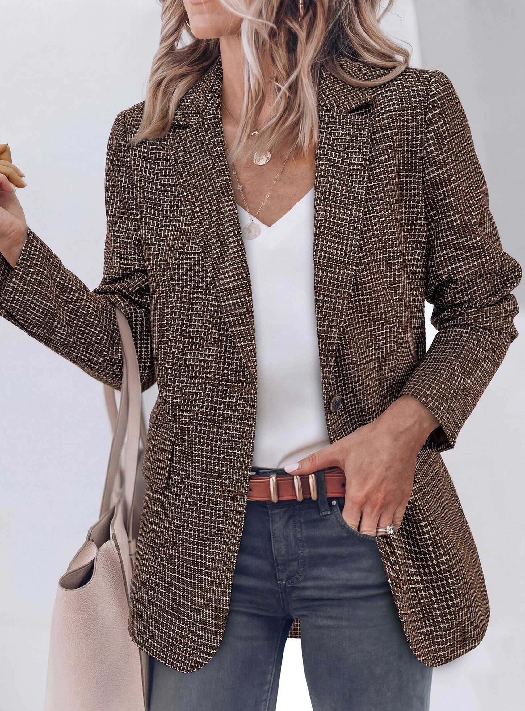 PRETTYGARDEN Fall Blazers for Women Business Casual | Long Sleeve Plaid Houndstooth, Notch Lapel Pockets, Oversized Blazer Outerwear, Trendy Suit Jackets, 2026 Winter Work Outfits