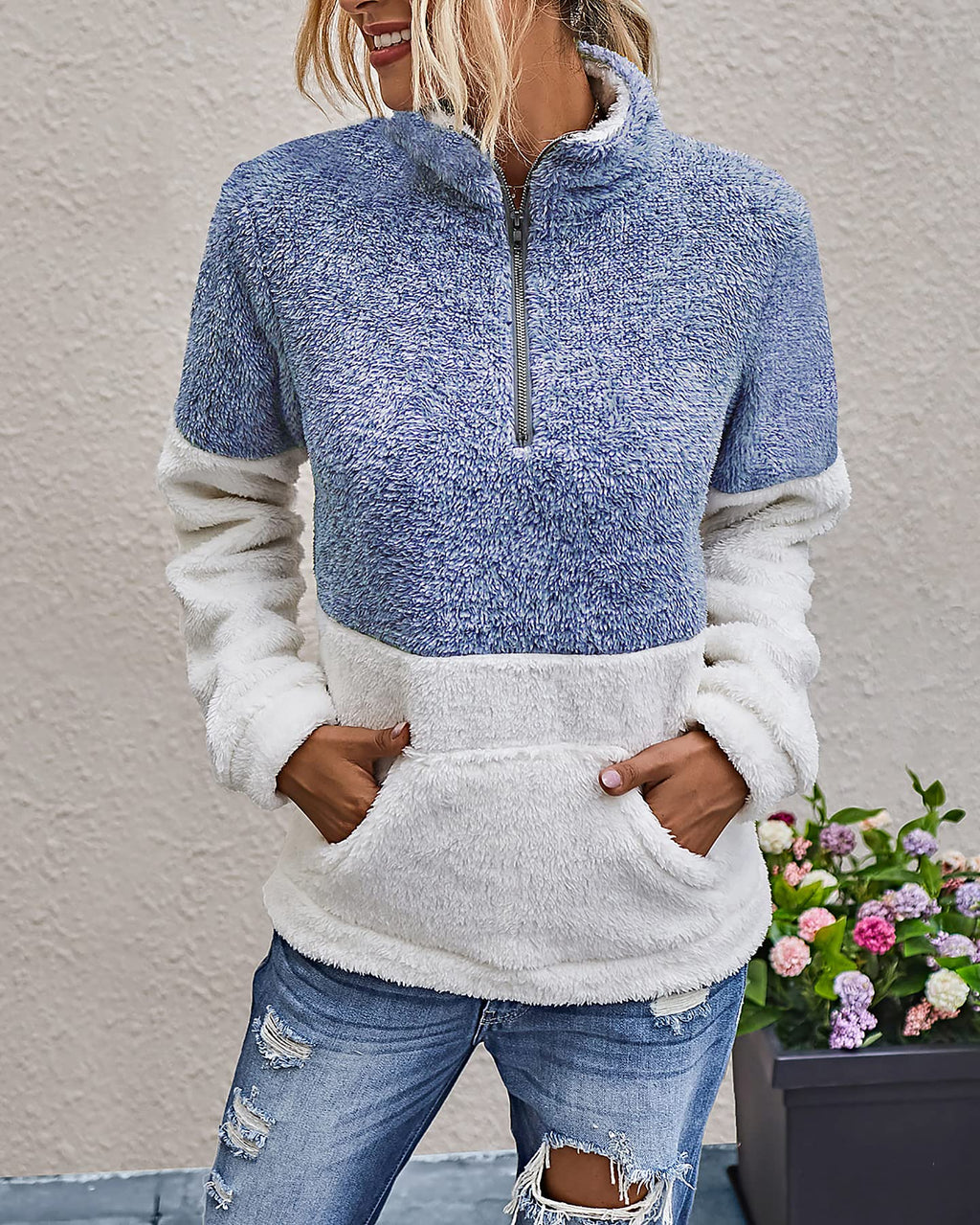 BTFBM Womens Sweatshirt Sherpa Quarter Zip Pullover Fall Winter Long Sleeve Fleece Sweaters Hoodies Sweatshirts Clothes