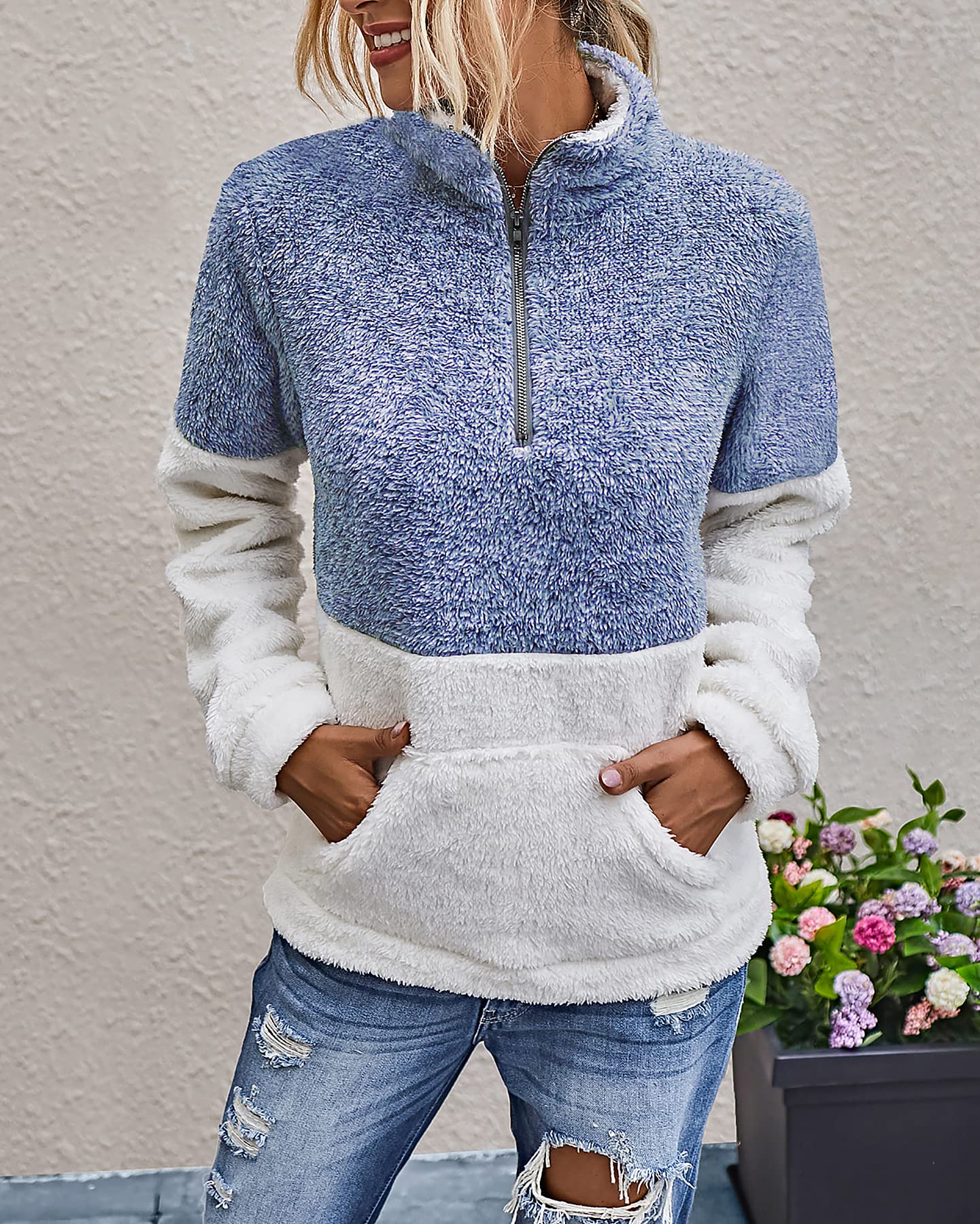 BTFBM Womens Sweatshirt Sherpa Quarter Zip Pullover Fall Winter Long Sleeve Fleece Sweaters Hoodies Sweatshirts Clothes