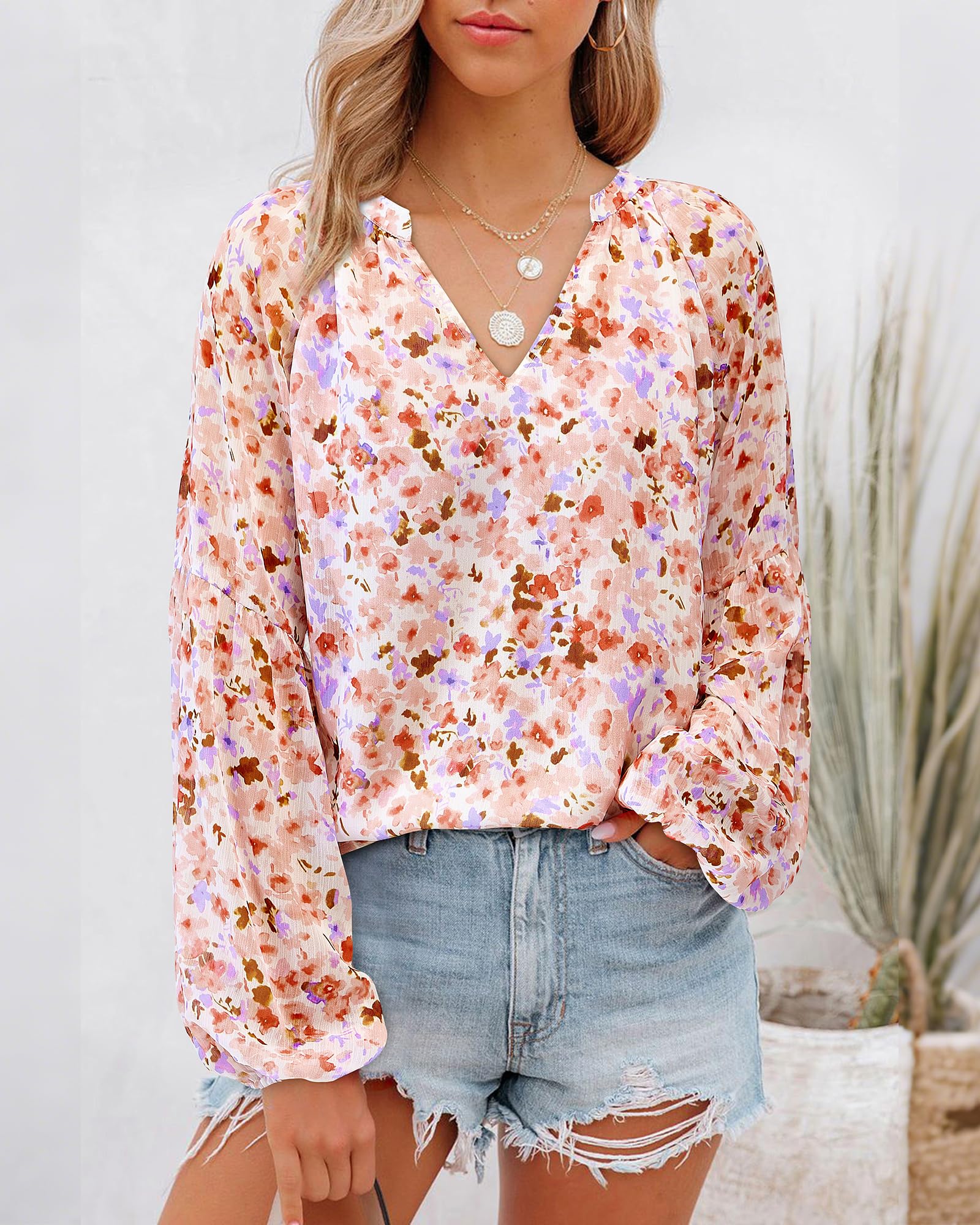 BTFBM Blouses for Women Dressy Casual Floral Summer Boho Tops V Neck Lightweight Long Sleeve Shirts Spring Clothes
