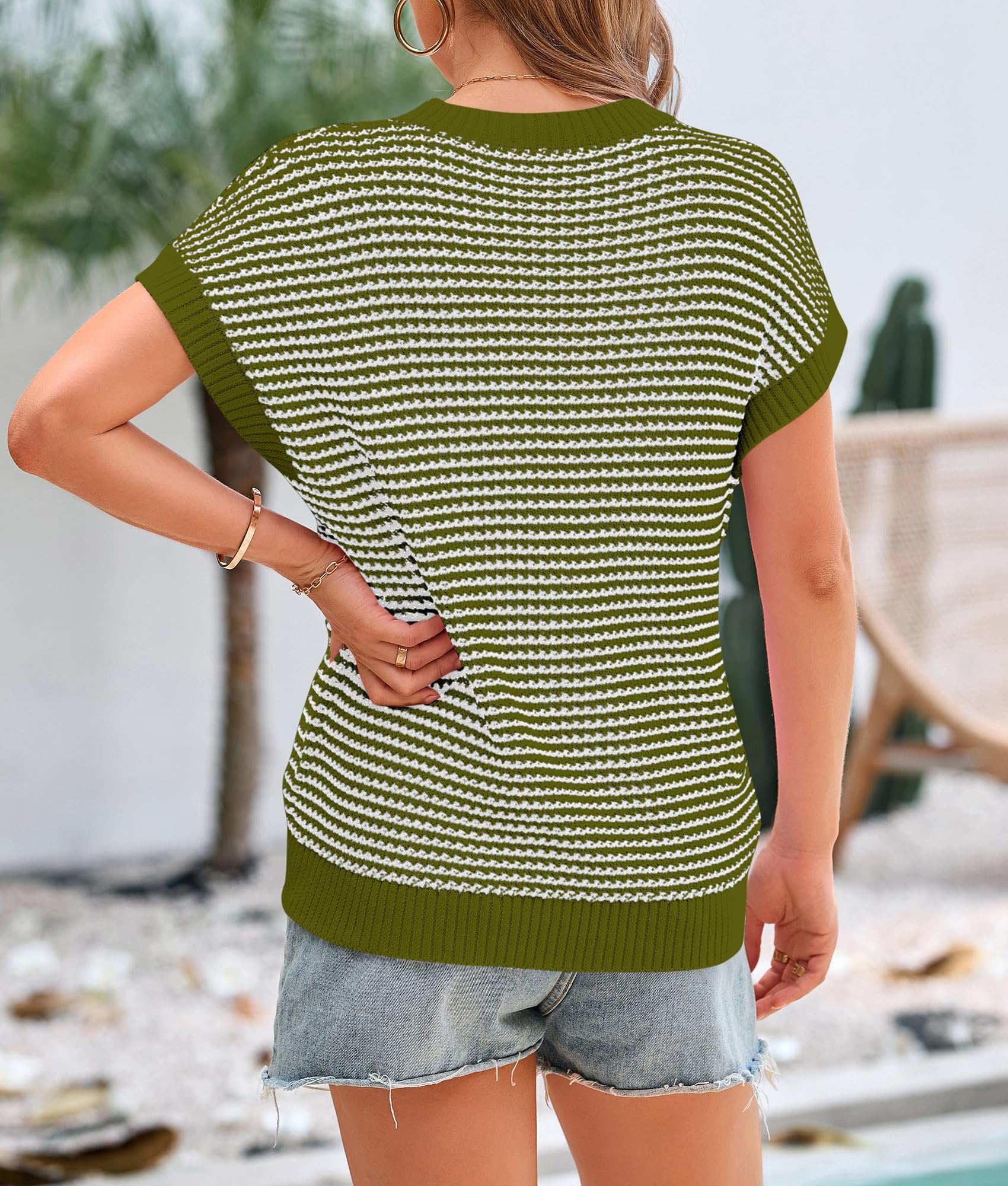 PRETTYGARDEN Womens Short Sleeve Sweater Spring Summer Round Neck Striped Pullover Cap Sleeve Knit Sweater Vest Tops