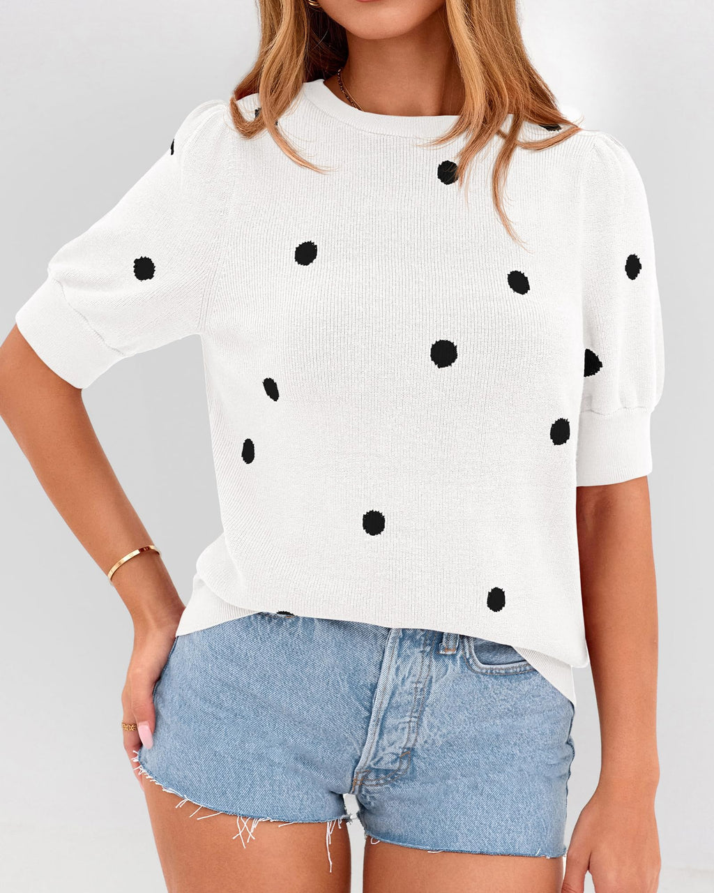 BTFBM Womens Sweaters Polka Dot Short Sleeve Sweater for Women Crew Neck Knit Summer Tops Business Dressy Casual Blouses