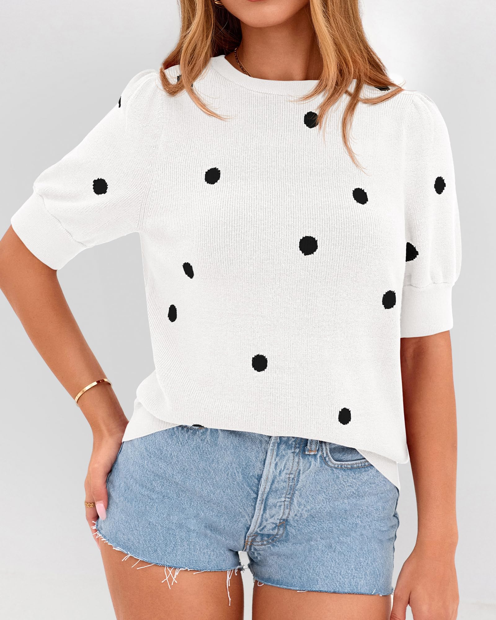 BTFBM Womens Sweaters Polka Dot Short Sleeve Sweater for Women Crew Neck Knit Summer Tops Business Dressy Casual Blouses