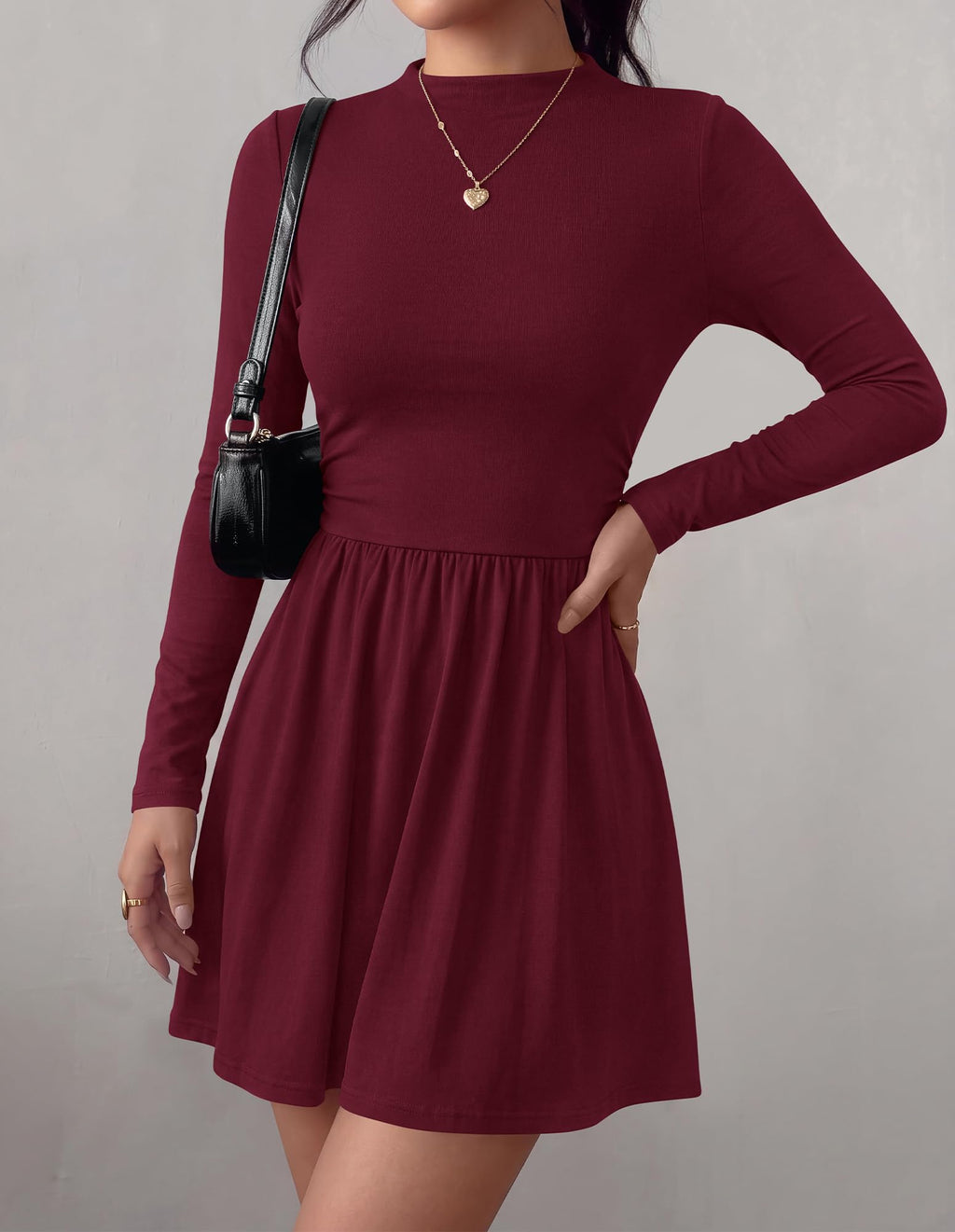 BTFBM Long Sleeve Dresses for Women Mock Neck A Line Flowy Mini Dress Swing Pleated Hem,Cocktail Party Club Holiday Going Out Outfits,Dressy Casual Winter,Trendy Early Fall Fashion Clothing