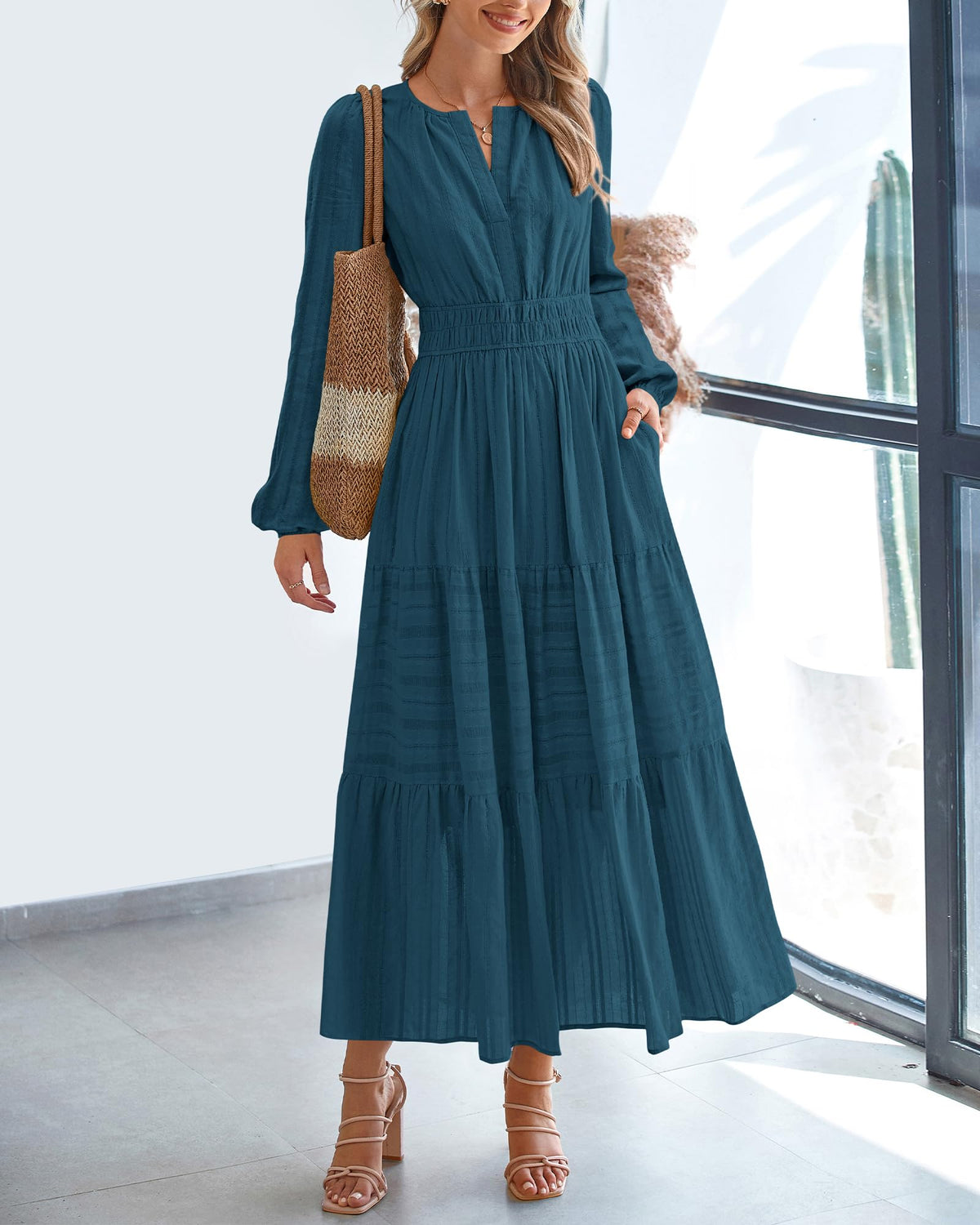 BTFBM Spring Dresses for Women 2026 Casual Long Sleeve V Neck Elastic Waist Lightweight Maxi Wedding Guest Dress Pockets