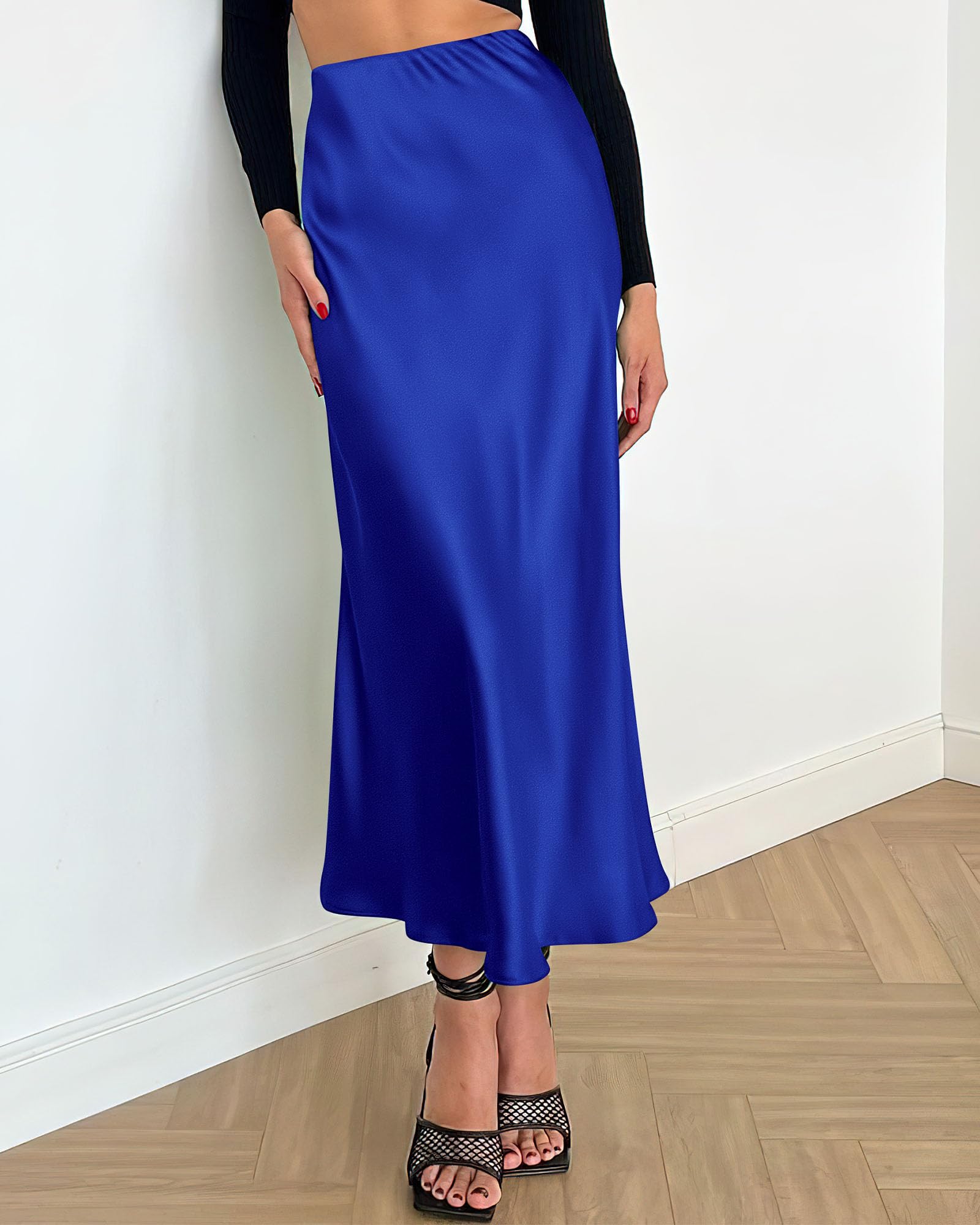 BTFBM Summer Womens Skirts Silk Elegant High Waist Flowy Long Satin A-Line Midi Skirt Cocktail Wedding Party