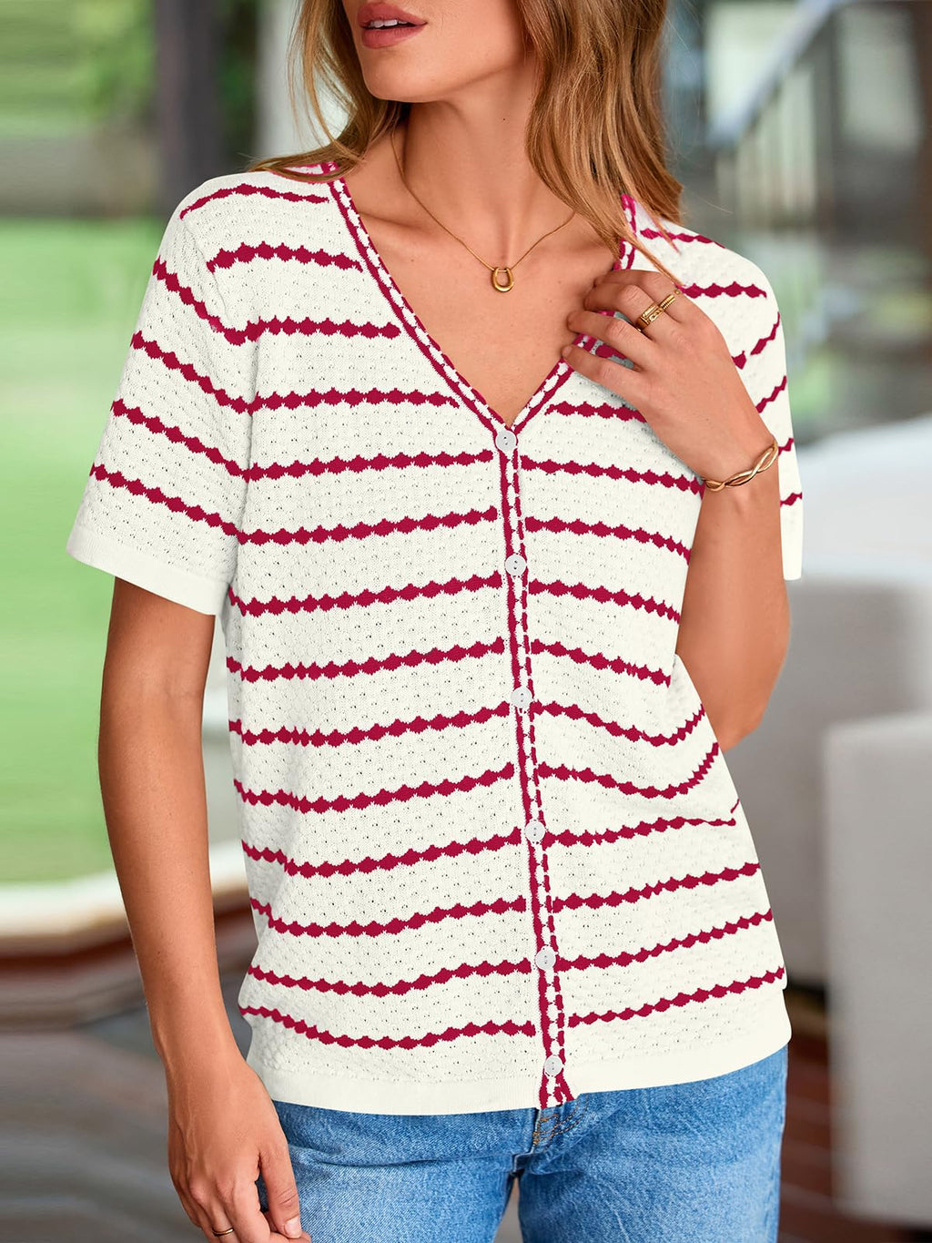 FreshPretty Women's Short Sleeve Sweater Spring Summer Crochet Knit Tops V Neck Striped Button Down Dressy Casual Blouses
