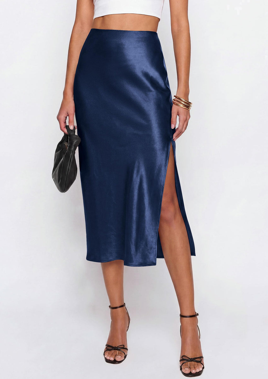 PRETTYGARDEN Womens Satin Skirt Summer Silk Business Casual High Waisted A Line Flowy Work Wedding Cocktail Midi Skirts